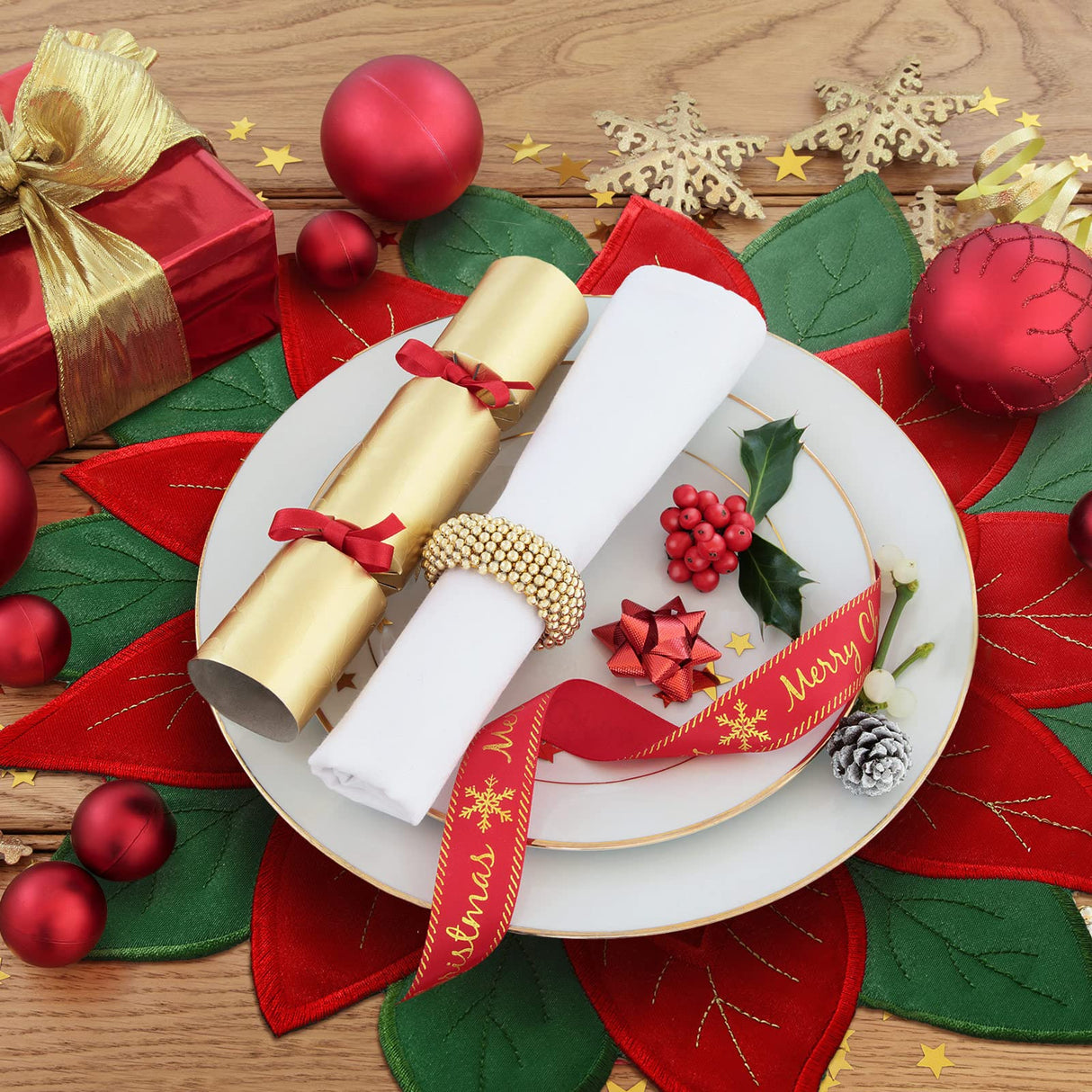 Christmas Placemats Set of 6 Christmas Embroidered Placemats 14 x 14 Inch Red Round Double Layer Applique Poinsettia Xms Flower Place Mat Table Decorations for Home Dining Holiday Tudomro