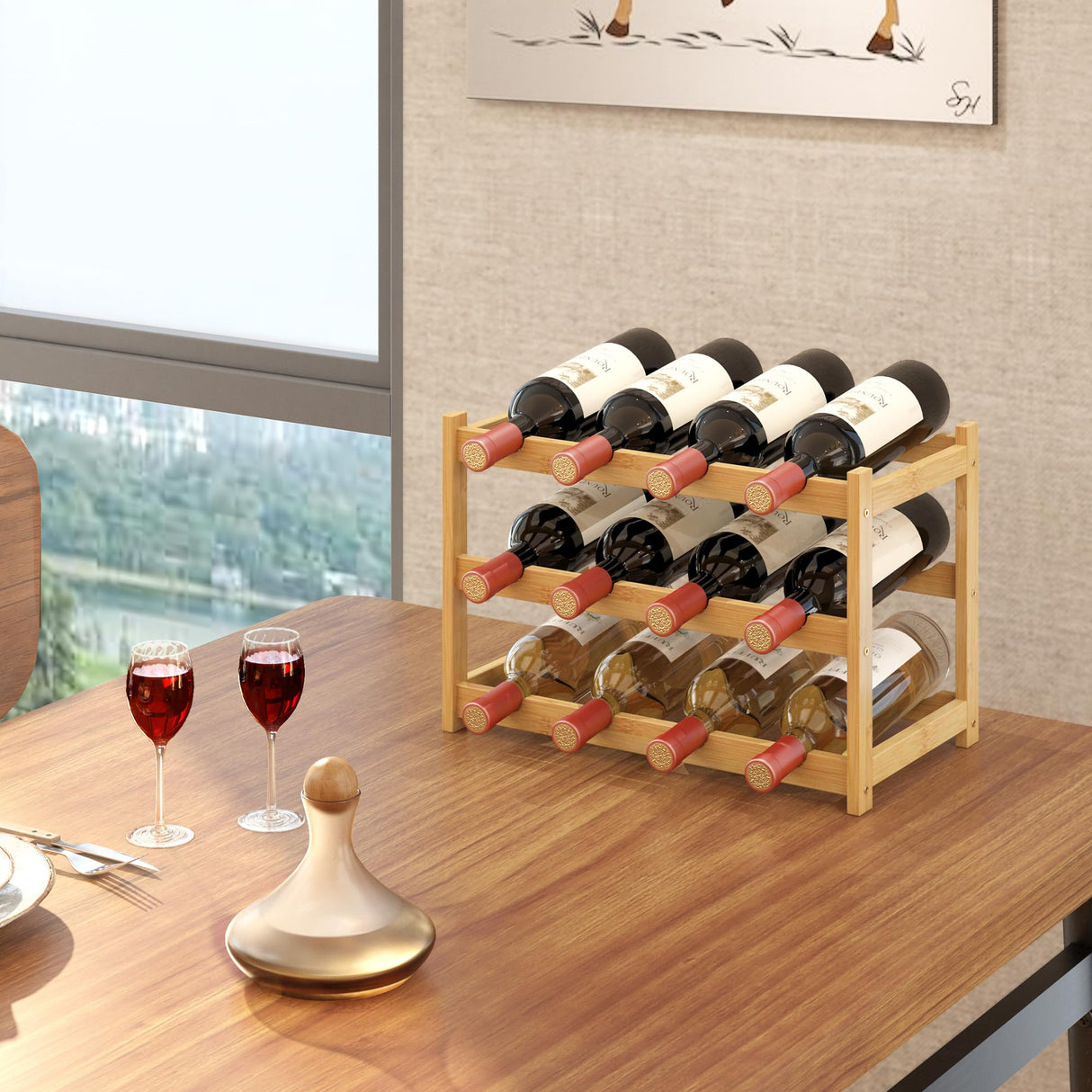 MHXW SXPN Wine Rack Countertop for 12 Wine Bottles, Small Bamboo Free Standing Racks Tabletop Display, Wooden Wine Storage Organizer for Cabinet Pantry Kitchen Bar Home Dining Room (Natural) MHXW SXPN