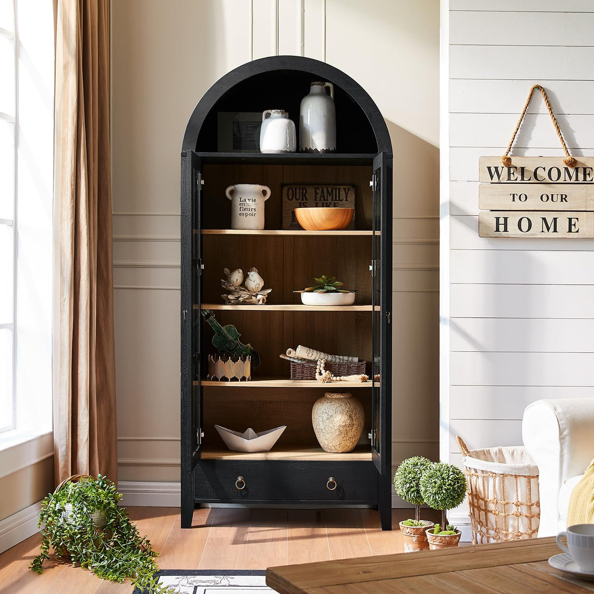 RowyPoey Farmhouse Arched Cabinet with Glass Doors, Wood Display Cabinet with Drawer and Adjustable Shelves, 71” Tall Bookshelf Modern China Storage Kitchen Pantry for Living Room,Office (Black) RowyPoey