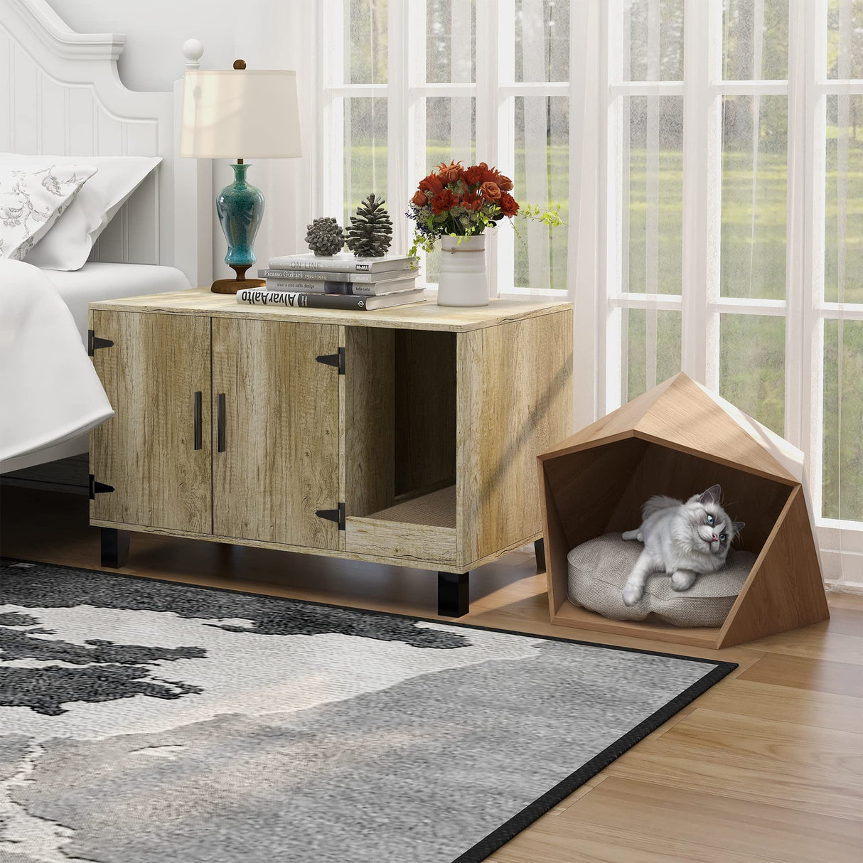 TaoHFE Litter Box Enclosure Cat Litter Box Furniture Hidden with Cat Scratch Pad Decorative Farmhouse Wooden Hidden Litter Box Cat House Litterbox Furniture Cat Box Furniture Litter Box Cabinet Oak TaoHFE