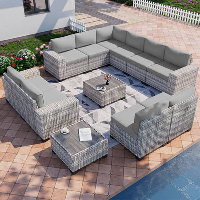 Muphyers 12-Piece Outdoor Patio Furniture Set Wicker Sectional Sofa Set, Patio Conversation Set with Thickened Cushions & Side Table for Patio, Garden, Backyard, Grey