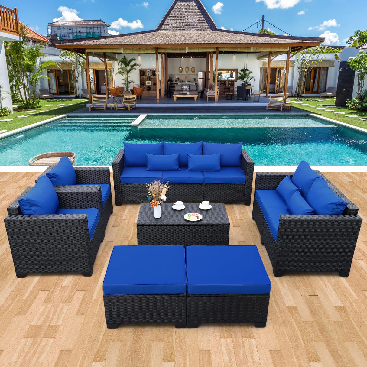 Patio Wicker Furniture Set 7 Pieces Outdoor Black Rattan Conversation Seat Couch Sofa Chair Set with Royal Blue Cushion and Furniture Covers Rattaner