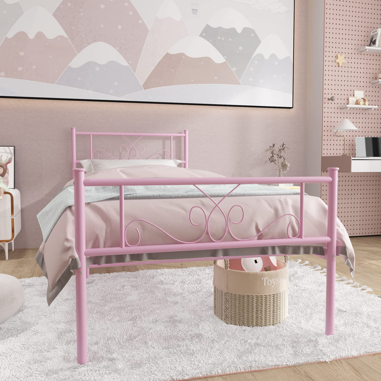 Weehom Platform Steel Bed Frame with 6 Legs Mattress Foundation Heavy Duty Bed Steel Slat Support Easy Assemble Kids Adults(Twin Size),Pink Weehom