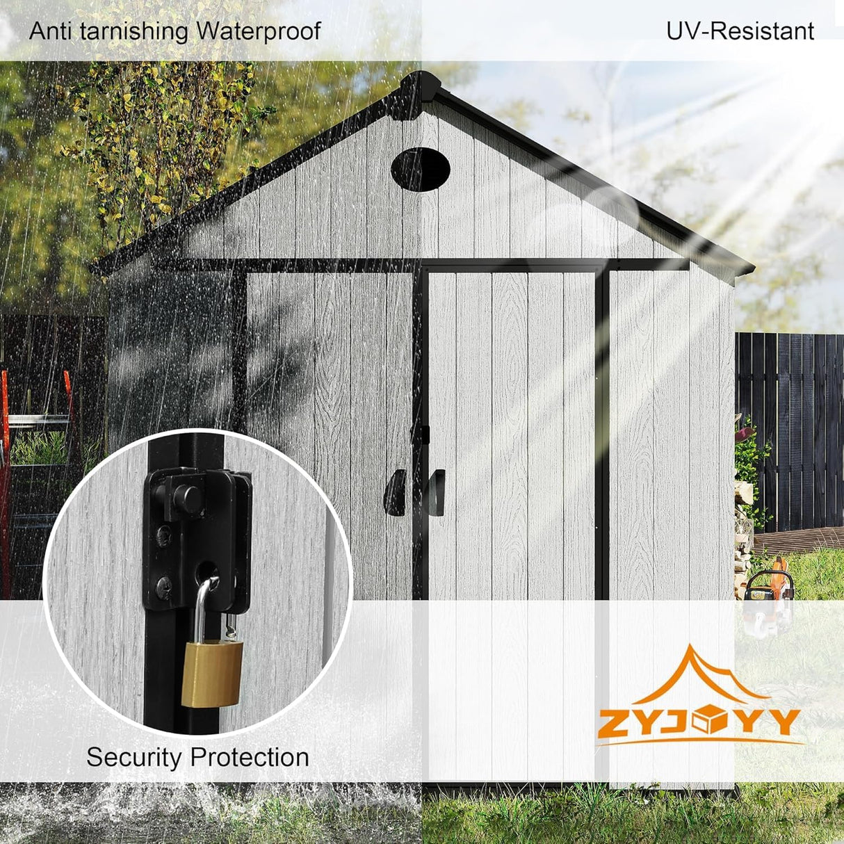 ZYJOYY 7.3 x 12 FT Shed Resin Outdoor Storage with Floor, 566 cuft Plastic Shed with Window and Lockable Door for Garden, Backyard, with Wood Texture, Grey ZYJOYY