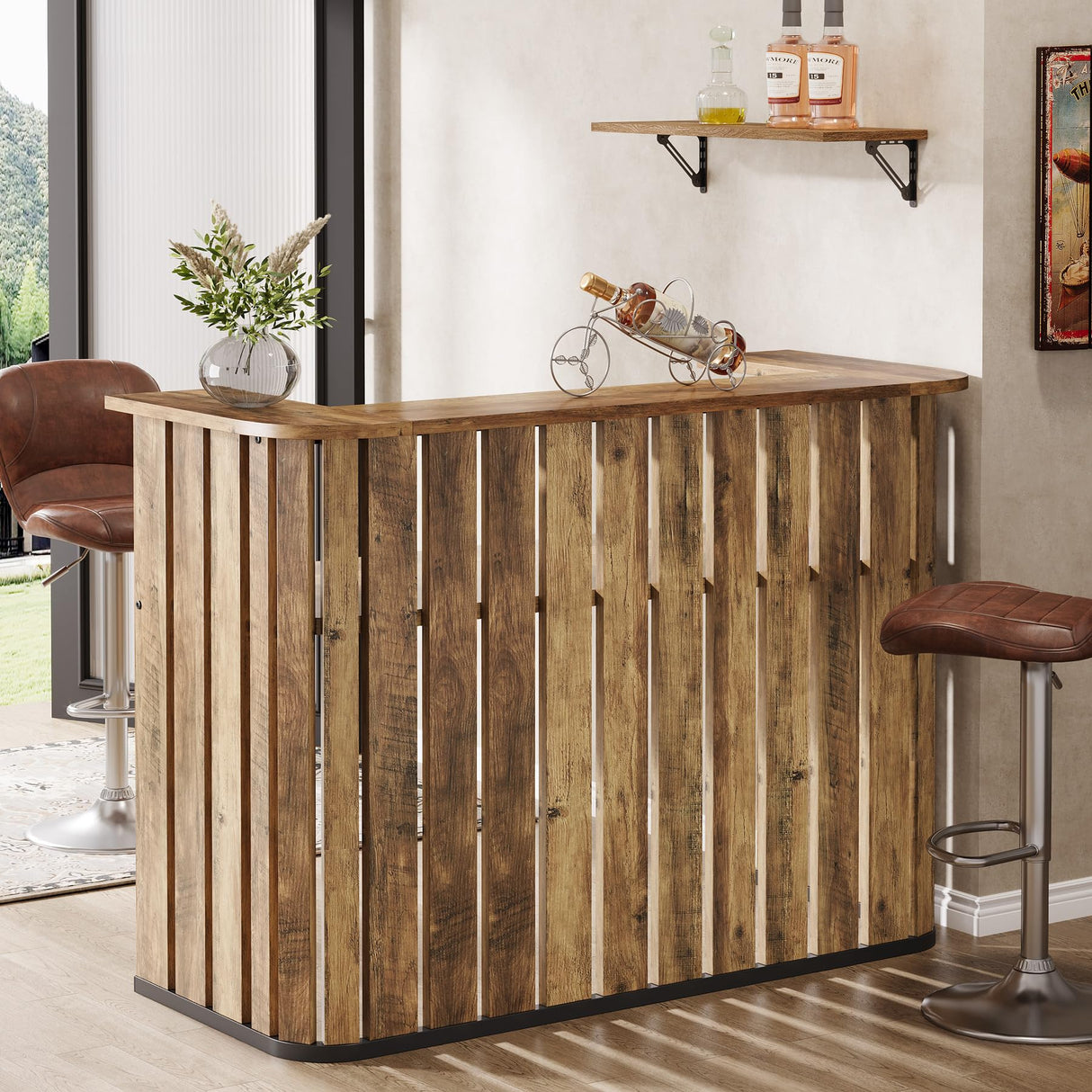 Tribesigns 63-Inch Home Bar Unit, Farmhouse Liquor Bar Table with Storage Shelves, 2-Tier Wine Bar Cabinet Mini Bar Table for Home Pub, Bistro, Rustic Brown Tribesigns