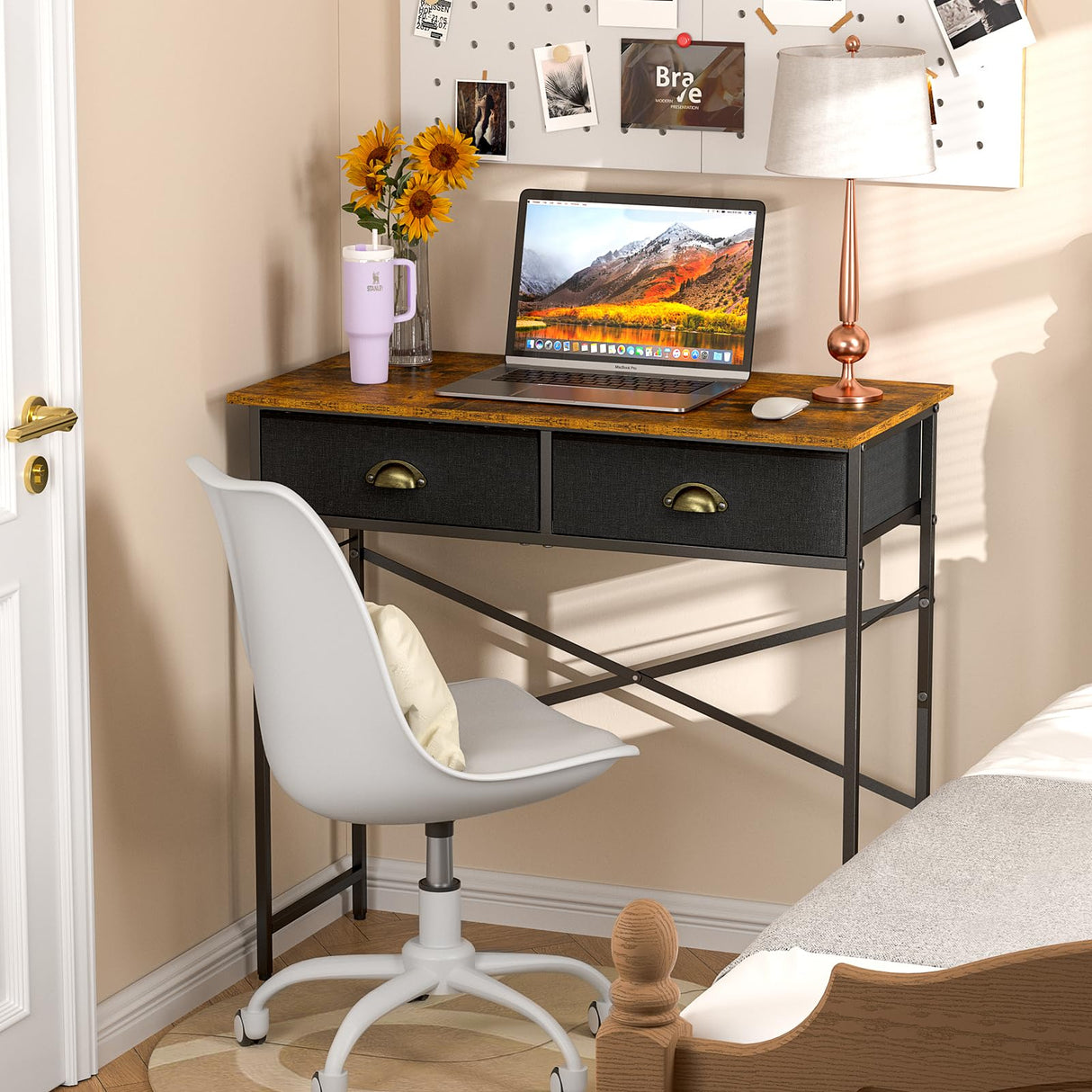 DAOUTIME Small Writing Desk for Kids Bedroom, 31.5 Inch Computer Desk for Small Spaces, Simple Desk with 2 Fabric Drawers for Home Office, Dorm, Living Room, Home Study Table, Rustic Brown DAOUTIME
