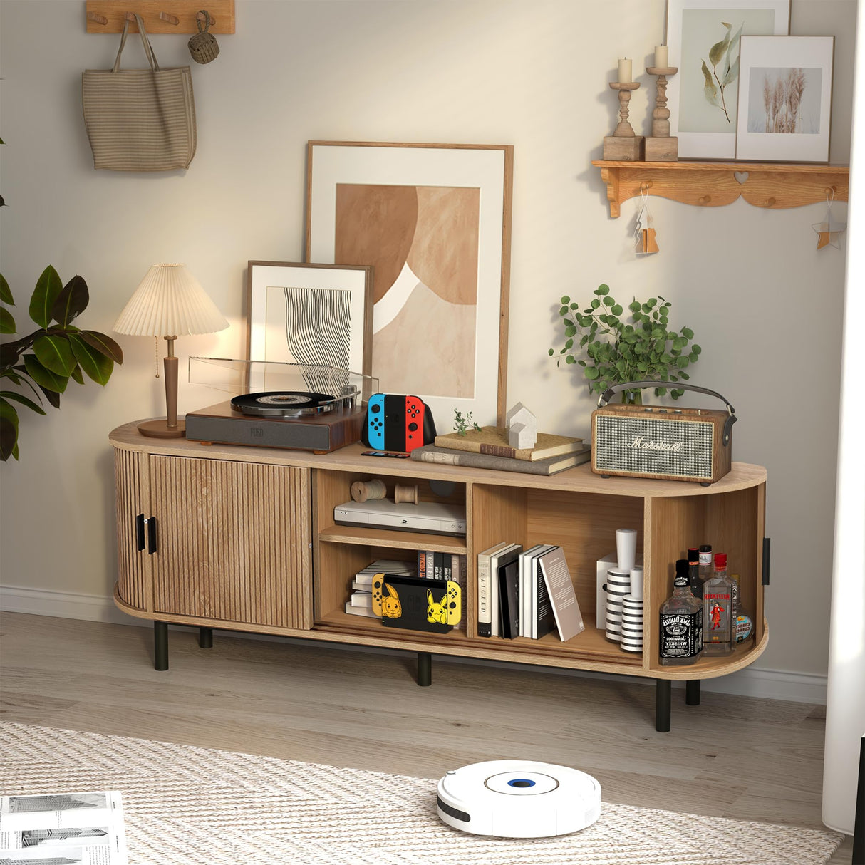 FurSch 62" Tambour Door TV Stand,Wood Mid Century Modern TV Cabinet for Up to 65“ TV,Curved Edge Long TV Stand with Storage for Bedroom Living Room (Natural, 62.2inch) FurSch