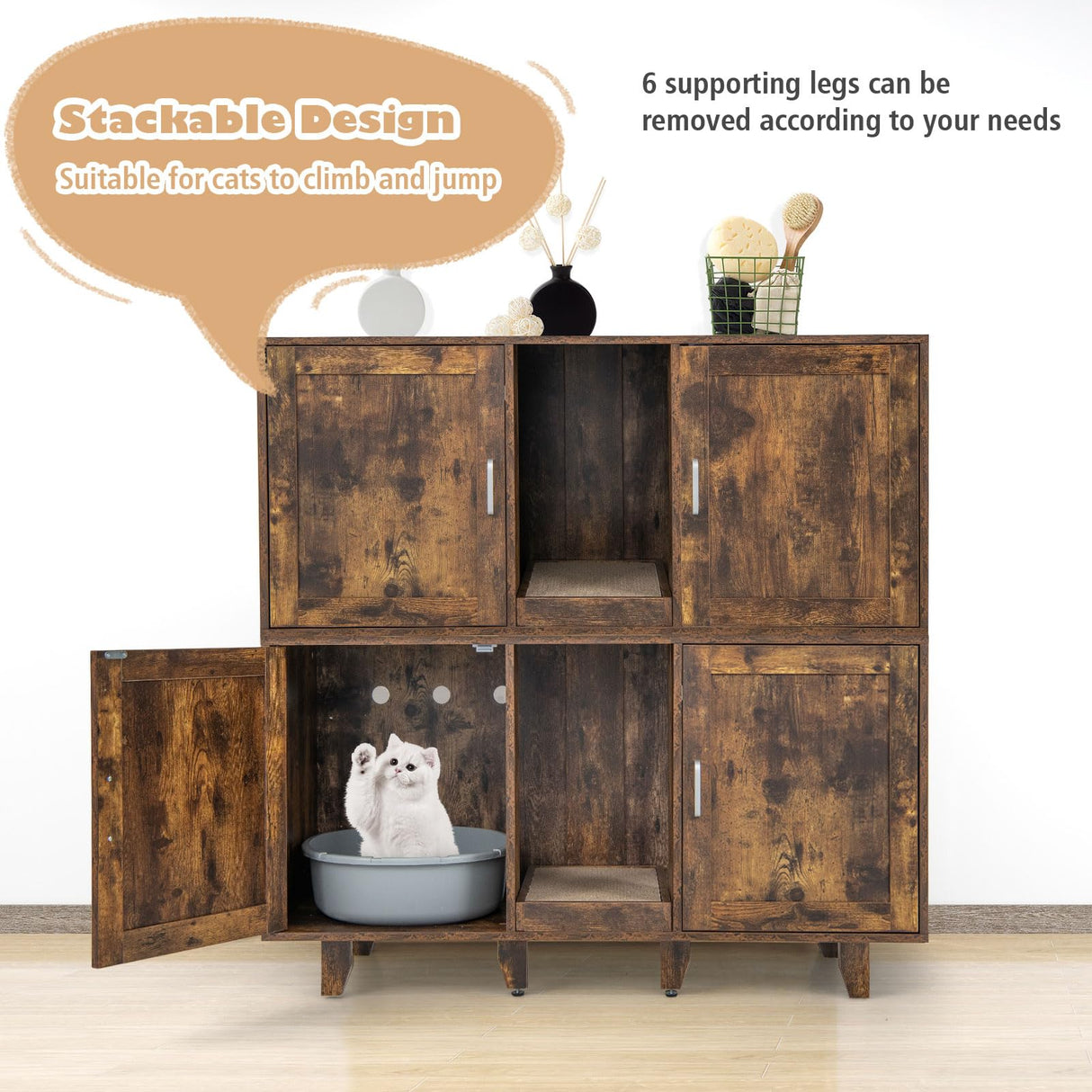 Tangkula Double Cat Litter Box Enclosure for 2 Cats, Large Stackable Hidden Privacy Cat Washroom Cabinet with Scratching Board, Indoor Cat House TV Stand, Litter Box Furniture (Rustic Brown) Tangkula