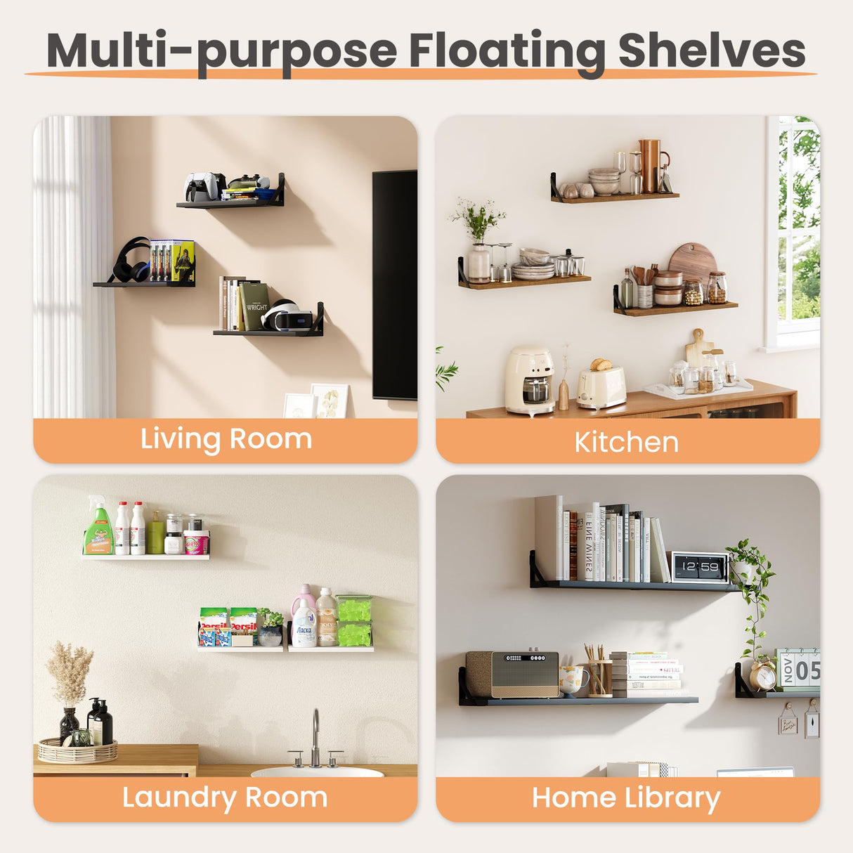 upsimples Floating Book Shelves for Wall, 15.7 Inches Wood Shelves for Living Room, Bathroom, Bedroom, Kitchen Storage and Decoration, Brown upsimples