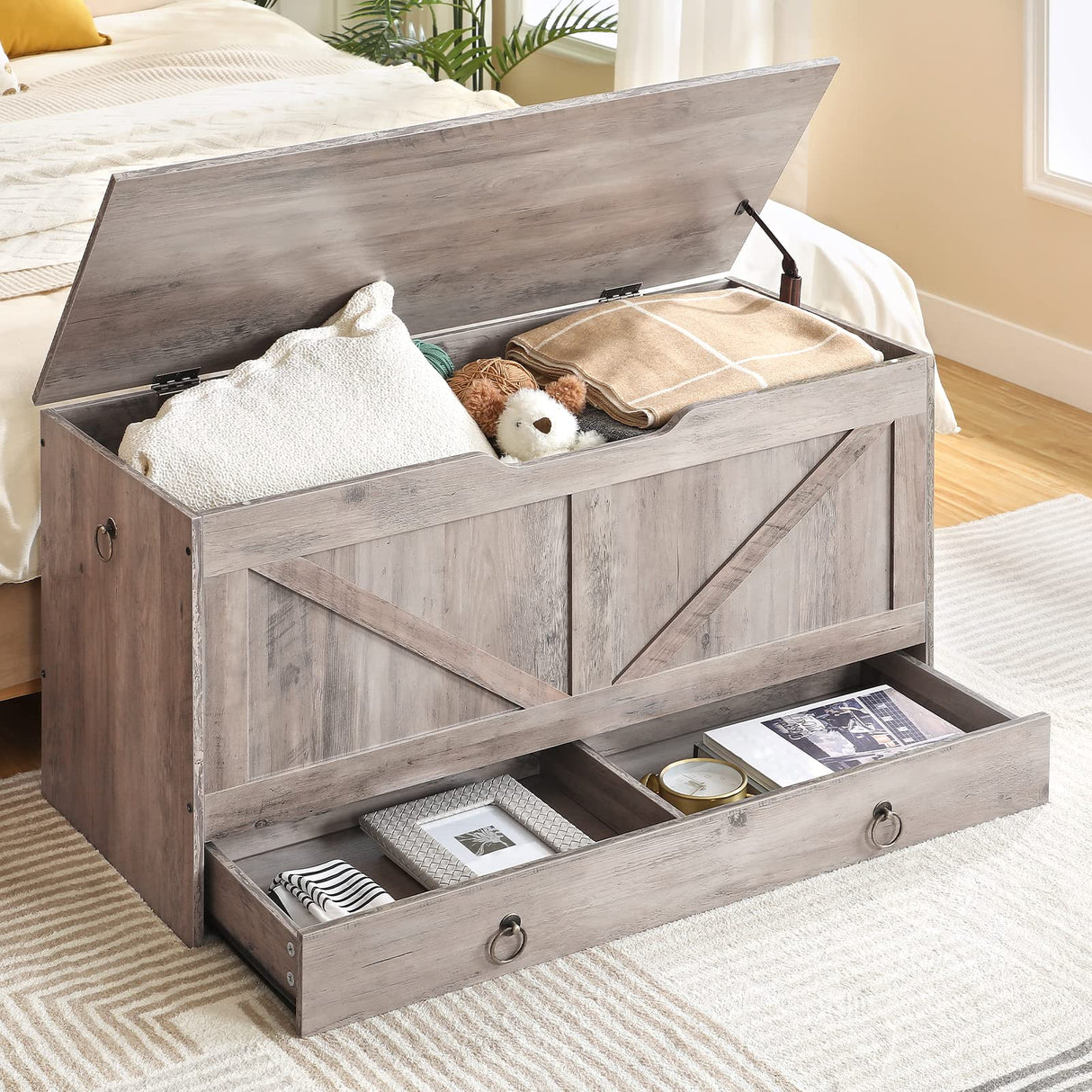 HOOBRO Storage Chest, 39.3" Toy Chest with Drawer, Wooden Storage Bench, Sturdy Entryway Bench Supports 220 lb, Shoe Bench, Safety Hinge, U-Shaped Opening, Easy Assembly, Greige BG710CW01G1 HOOBRO