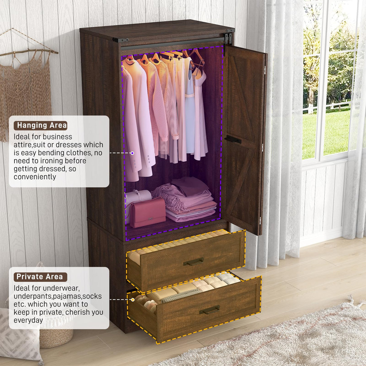 73" Tall Farmhouse 2 Doors Armoire Wardrobe Closet w/ Sliding Folding Door,2 Drawers,Closet Wardrobe Cabinet w/ LED Light,Hanging Rod for Bedroom,Wooden Wardrobe Armoire Cabinet,Antique White chartustriable