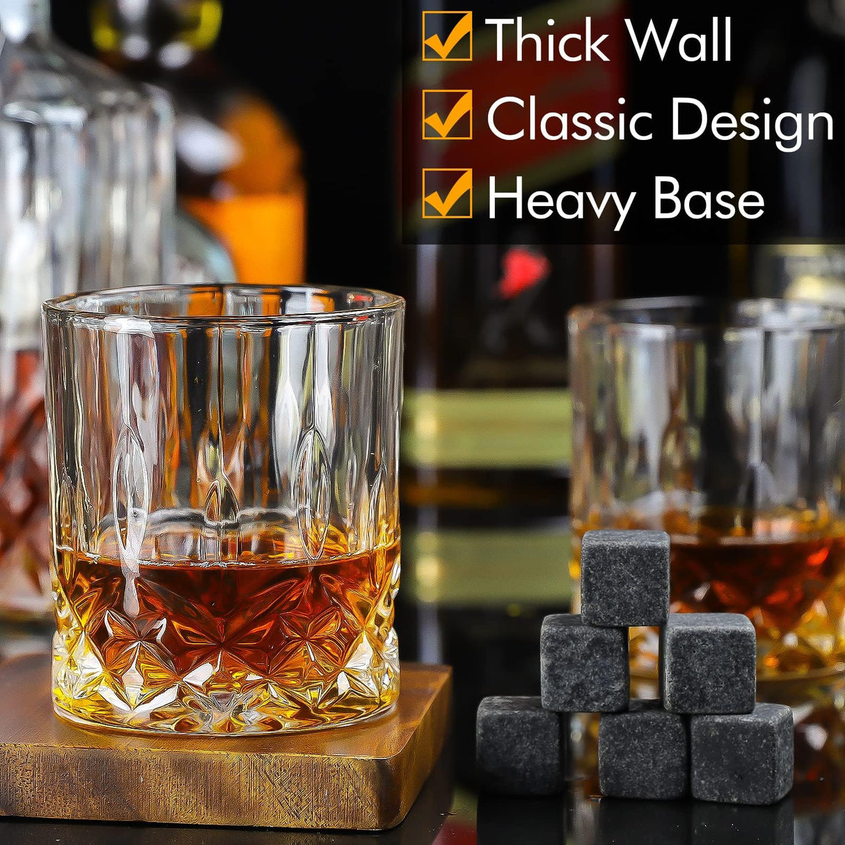 Whiskey Decanter Set for Men, Whiskey Glasses and Decanter with Cooling Stones Clear Glass Whisky Liquor Decanter Set for Whiskey Bourbon Rum Men Fathers'Gift INFTYLE