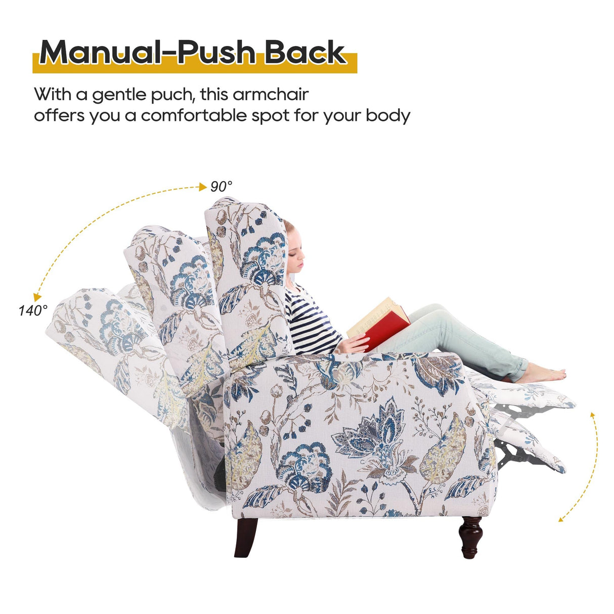 GUEAPY Mid Century Modern Wingback Recliner Chair for Adults, Push Back Upholstered Accent Chair with Floral Fabric, Manual Reclining Armchair for Living Room, Bedroom, Reading Corner (Blue Botanical) GUEAPY