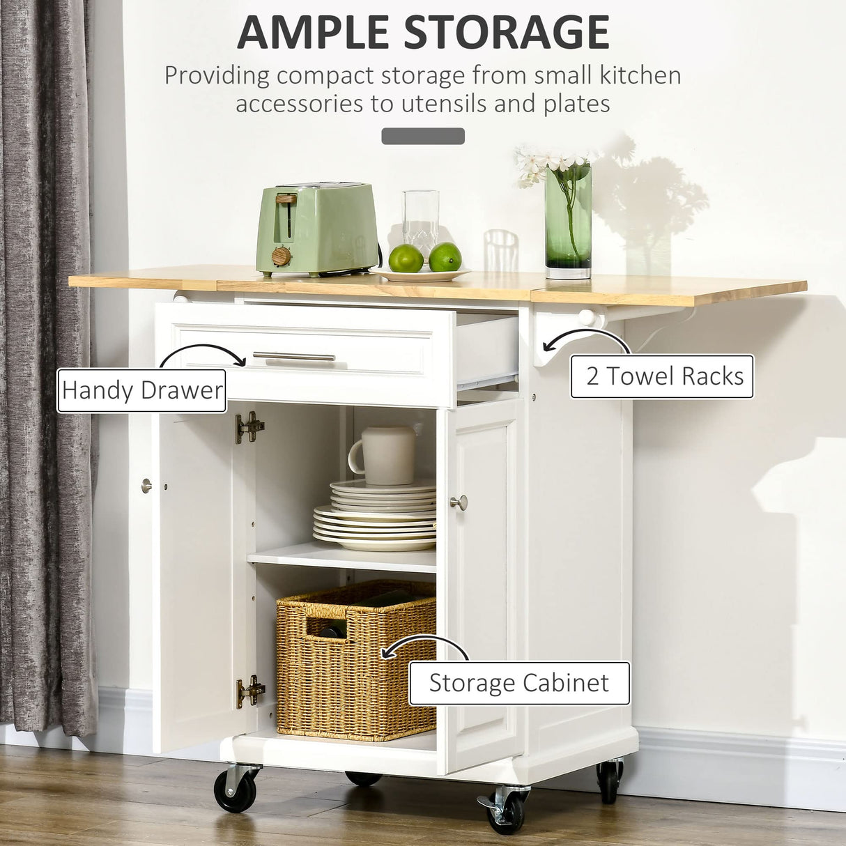 HOMCOM Kitchen Island with Drop Leaf Trolley Cart on Wheels Drawer Cabinet Towel Racks Versatile Use Natural Wood Top and White HOMCOM