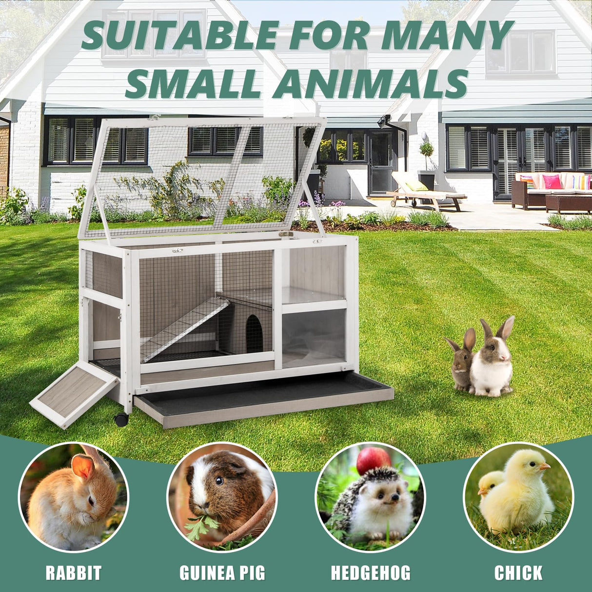 Gowoodhut Indoor Rabbit Hutch - 36''L Outdoor Wooden Bunny Hutch with Wheels Rabbit Cage Guinea Pig Cages Removable Pull Out Tray, Ramp, Hideout, Small Animals Pet House Hamster Ferret for Bunny Cage Gowoodhut