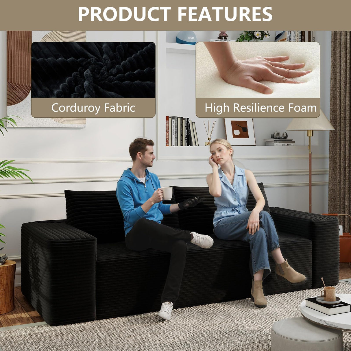 HZANHY 63" Loveseat Sofa, Boneless Loveseats for Living Room, No Assembly Required Corduroy Love Seat for Small Spaces, Bedroom, Apartment, Office, Black HZANHY