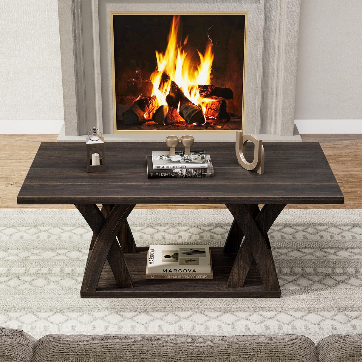 FROMJBEST Farmhouse Coffee Table with Shelf, Wood Coffee Table for Living Room, Open Display Area,47” Dark Brown FROMJBEST