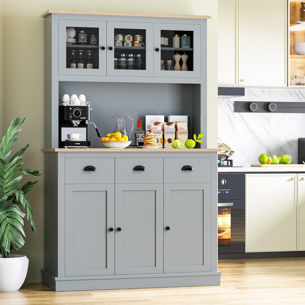MU 71" Kitchen Hutch Storage Cabinet with Countertop, Tall Freestanding Kitchen Pantry Cabinet with Drawers, Drawers & Microwave Shelf, China Hutch for Kitchen, Dining Room, Living Room, Grey MU