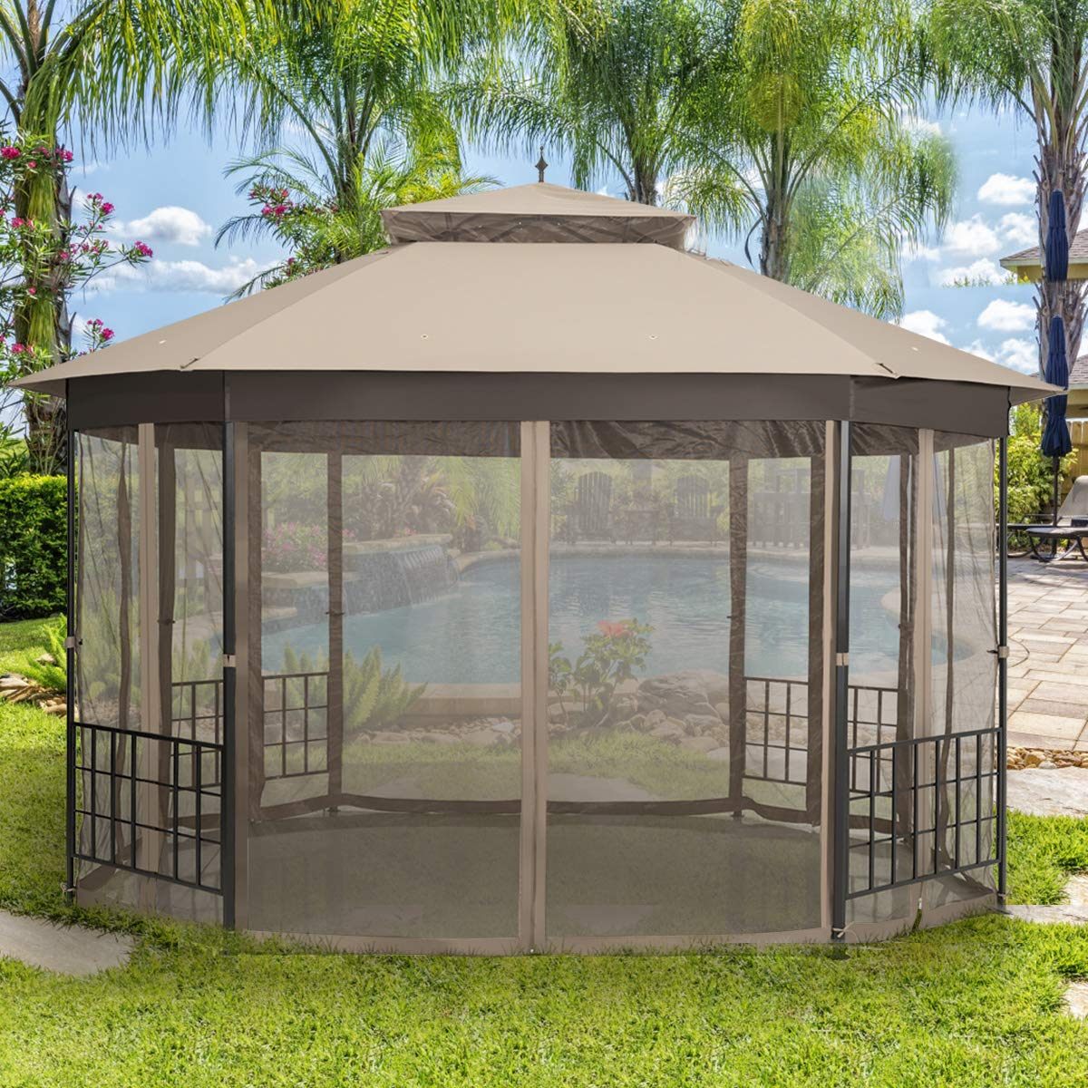 Tangkula 10 x 12 Ft Patio Gazebo, Heavy Duty Octagonal Gazebo Canopy w/Netting Sidewalls & Sturdy Steel Frame, Double Roof Vented Gazebo Canopy Tangkula