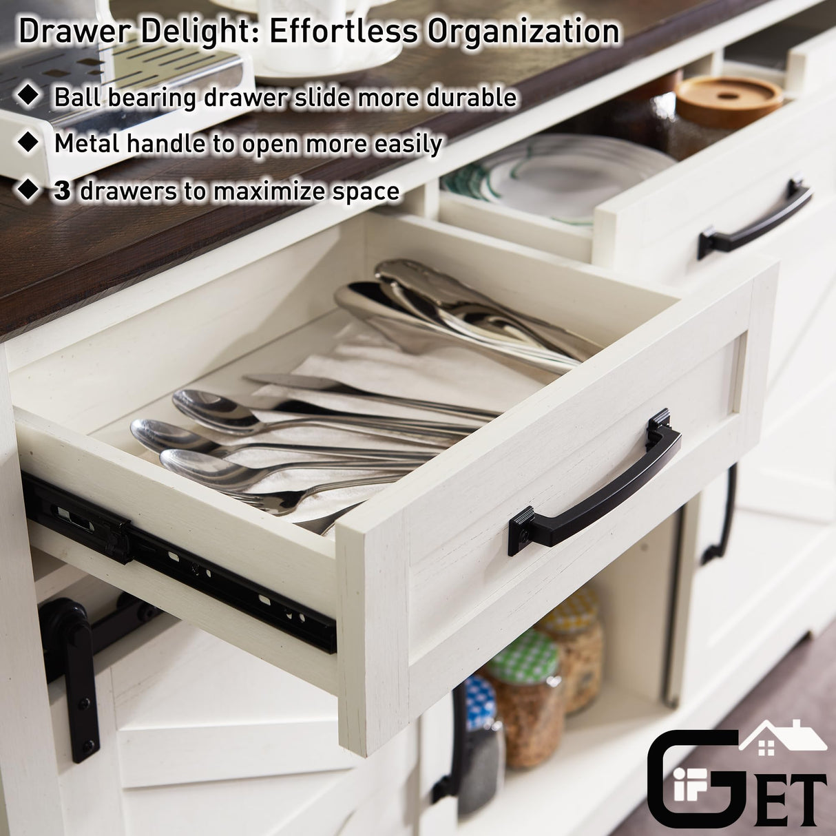 IFGET Farmhouse Buffet Cabinet, 53” Sideboard Cabinet w/3 Drawer, Rustic Storage Cabinet w/Sliding Barn Door, Coffee Bar for Dinning Room, Kitchen, Hallway, and Living Room, White IFGET