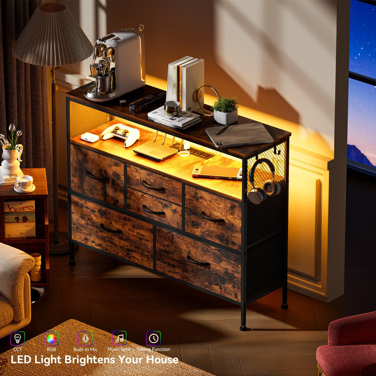 YILQQPER Dresser for Bedroom TV Stand with Power Outlets and LED Light, 6 Drawers Dresser with Side Pockets & Hooks, Wide Dresser with Shelves for 45" TV, Fabric Chest of Drawers, Rustic Brown YILQQPER