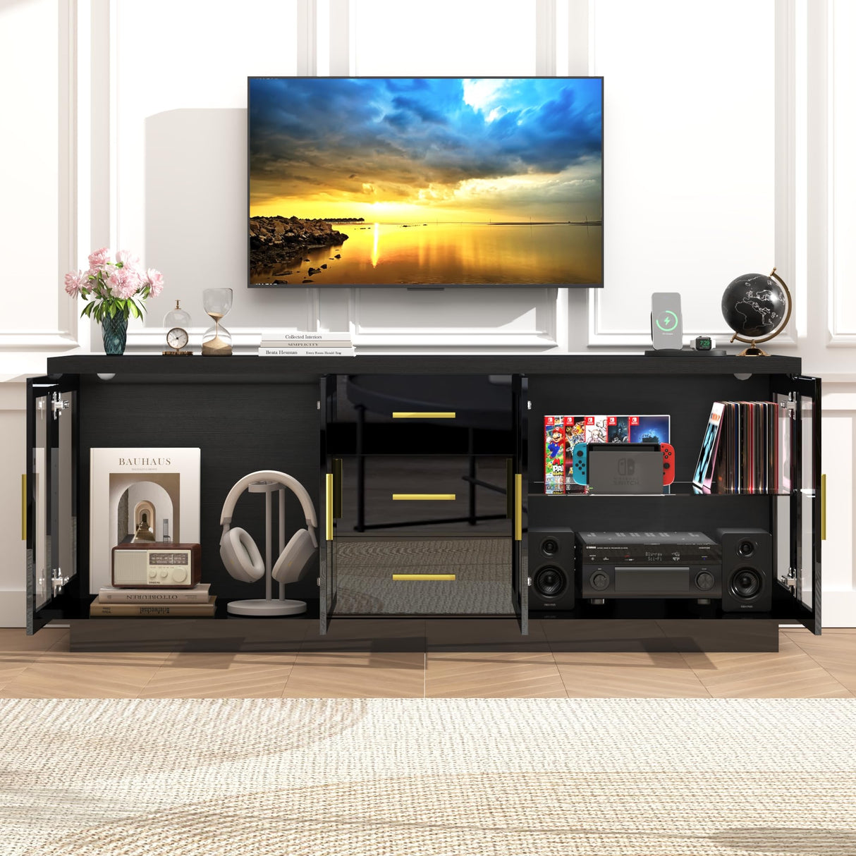 69" LED TV Stand for 70/75/80 inch TV,Modern Entertainment Center with Power Outlets,High Glossy Media Console Table Storage Cabinet with Open Shelves & Drawers for Living Room, Bedroom-Black jiteentarou