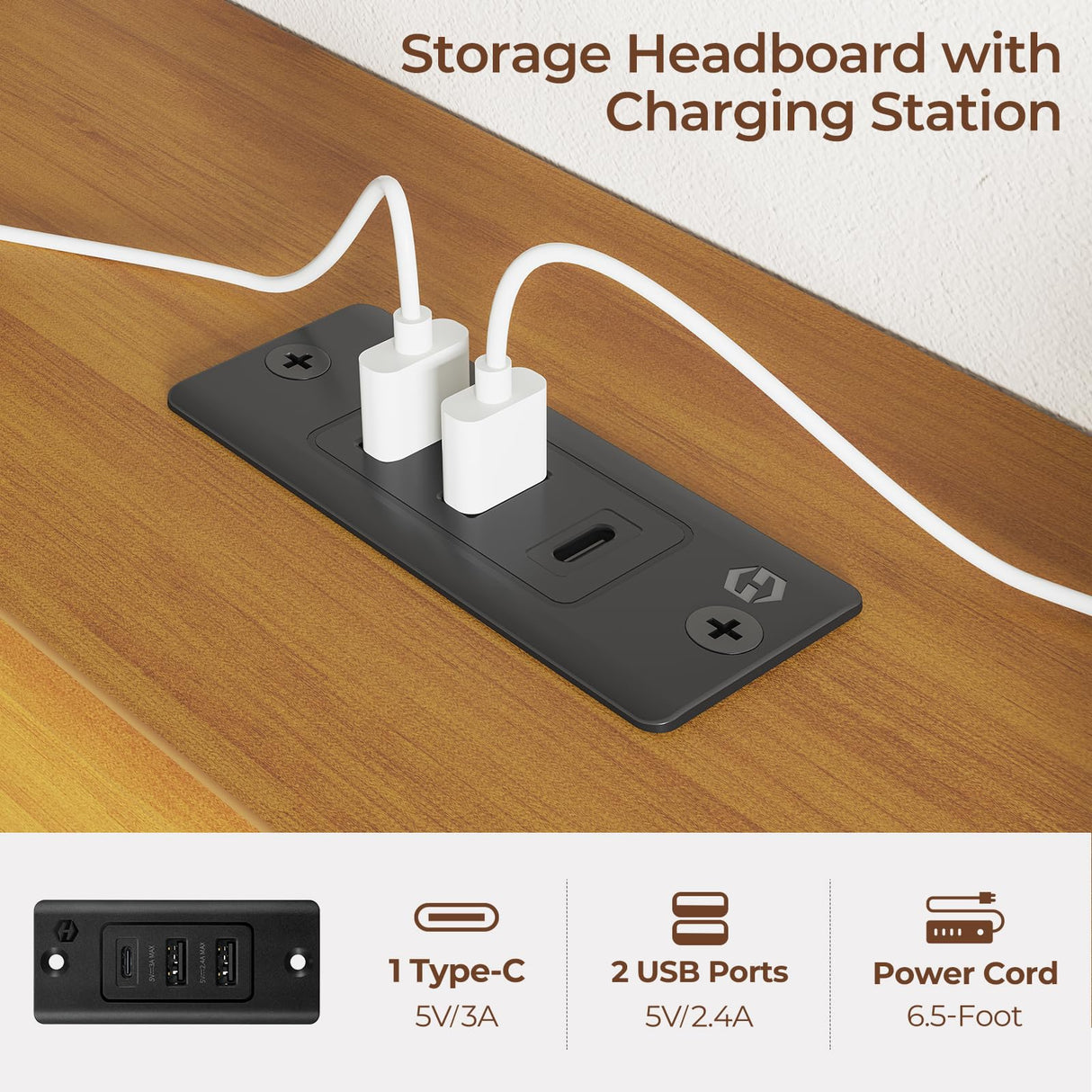 Rolanstar Queen Bed Frame with Headboard, Charging Station and LED Lights, Wooden Bed Frame Foundation with Wood Slat Support, No Box Spring Needed, Pine Rolanstar