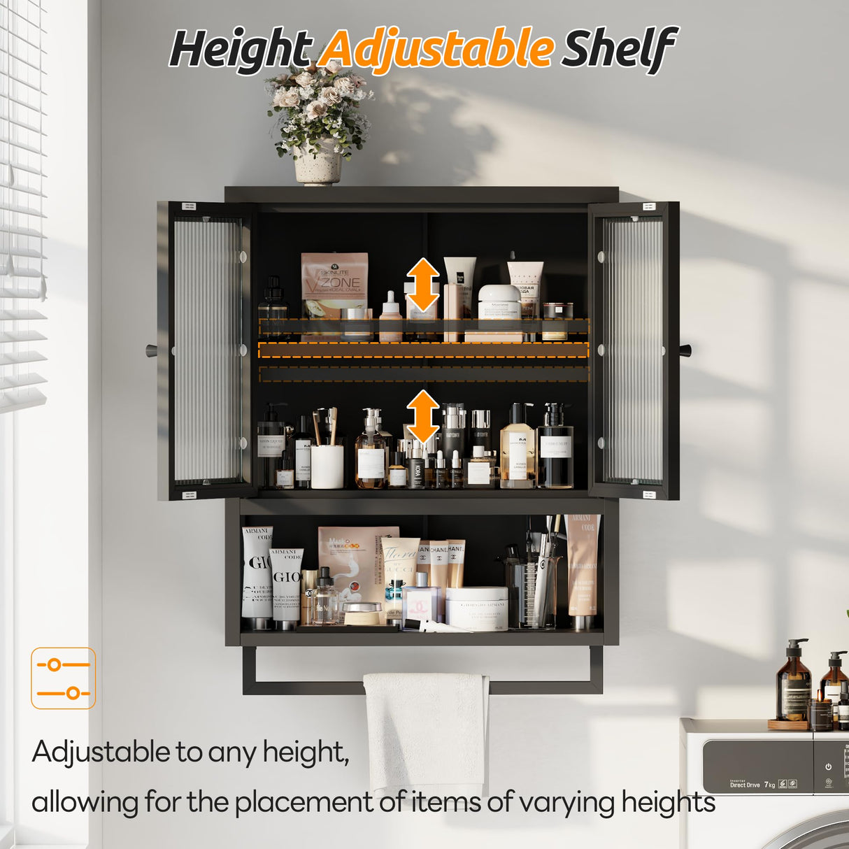 Qiaoxuan Bathroom Wall Cabinet, Over The Toilet Space Saver Storage Cabinet, Medicine Cabinet with 2 Glass Door and Towel Bar, Metal Wall Mounted Cabinet for Bathroom Laundry Room Kitchen Qiaoxuan