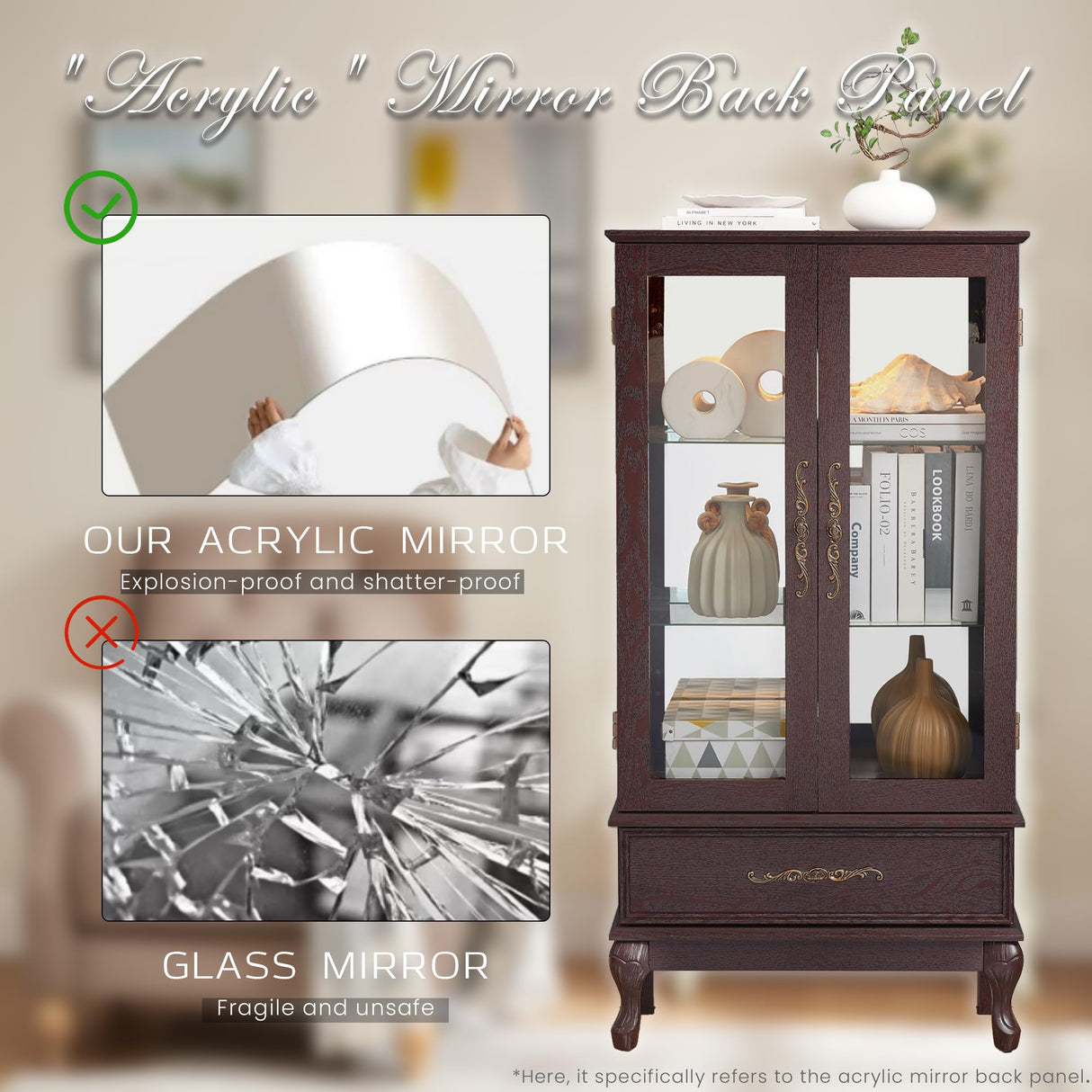 CKEASEAN Lighted Curio Cabinet, 52" H Glass Display Cabinet with Adjustable Shelves, China Cabinet with Tempered Glass Doors for Living Room, Light Blub Included (Dark Cherry) CKEASEAN