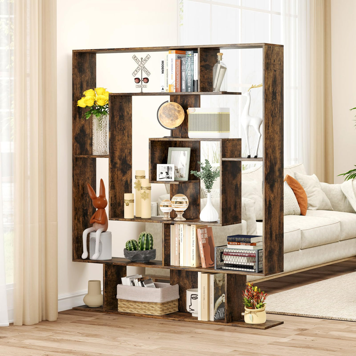 Giantex 7-Tier Geometric Bookshelf, Modern Bookcase with Open Shelves, Freestanding Display Shelf with Anti-Tip Kit, Storage Rack for Living Room Bedroom Study, 49.5''L x 8.5''W x 59''H (Rustic Brown) Giantex
