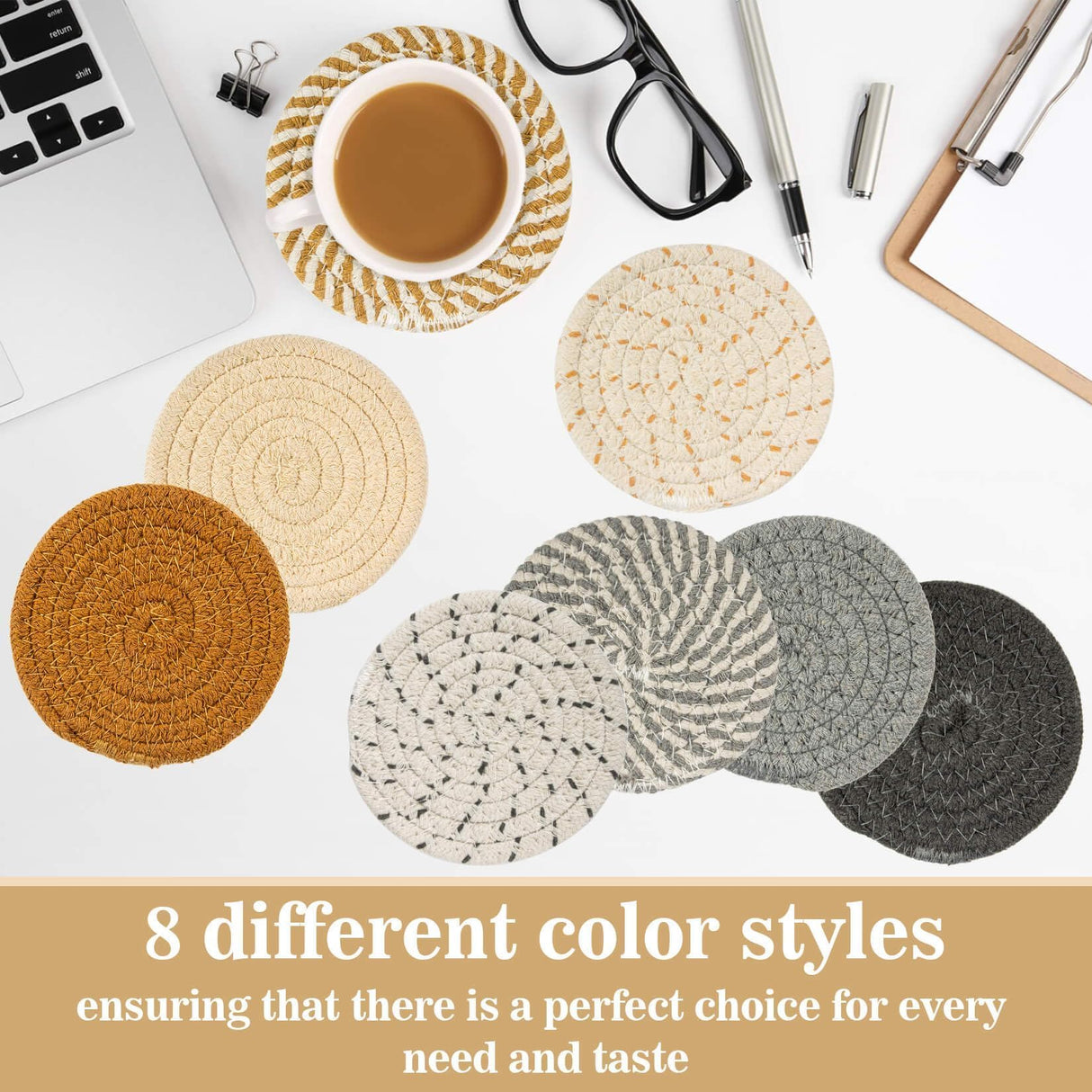 Woven Cotton Drink Coasters - MAQIHAN 8 PCS Woven Coasters for Drinks Hand Round Boho Coasters Fabric Coasters Drink Coasters Absorbent Coffee Coasters for Home Decor Farmhouse Drink Desk Coaster MAQIHAN