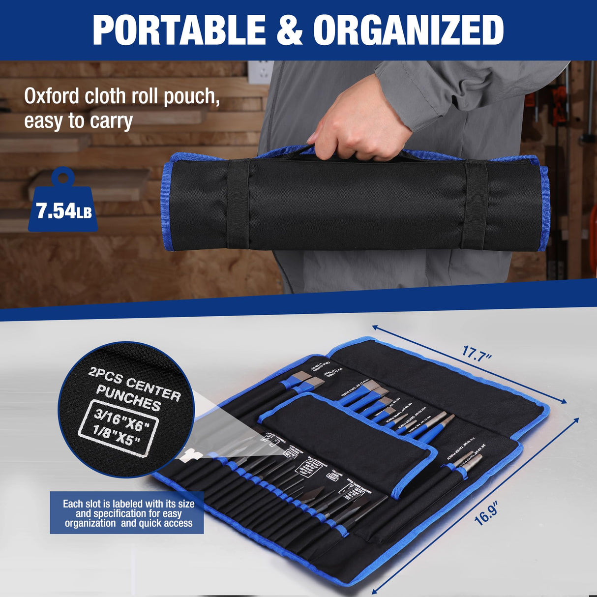 WORKPRO 30 PCS Heavy Duty Punch and Chisel Set with Roll Pouch, Cold & Cape Chisel, Center, Pin & Taper Punch, and Gauge, Blackened and Painted Finish for Durability WORKPRO