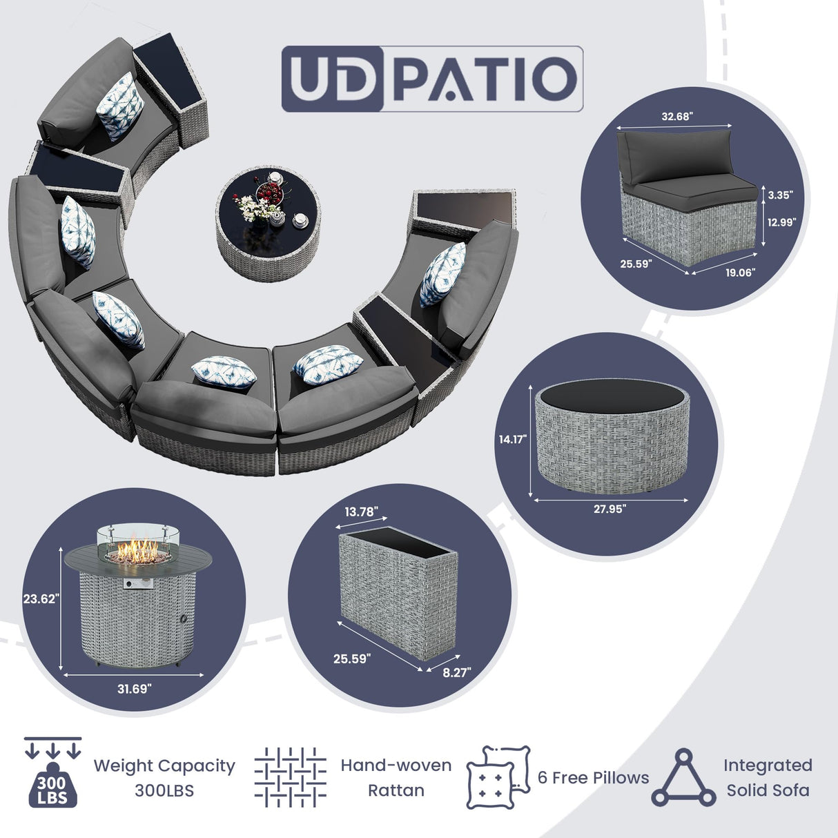 UDPATIO Patio Furniture Set,Fully Assembled Outdoor Sectional Sofa,Half-Moon Curved Modular 4 Pieces Heavy Duty Wicker Furniture Set for Porch,Backyard,Grey UDPATIO