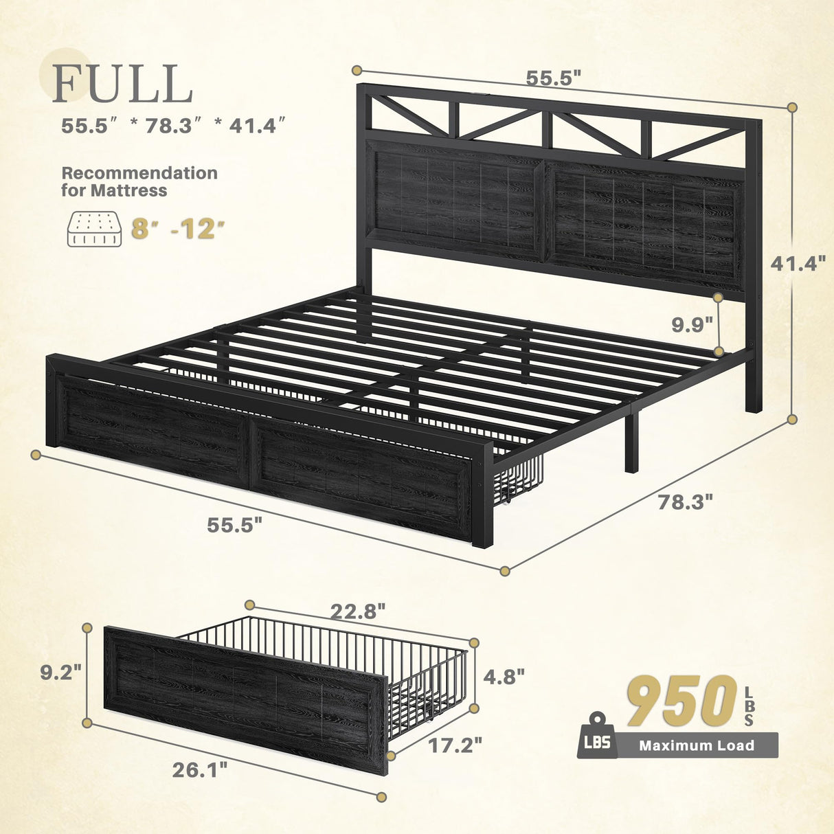 Homkdom Farmhouse Full Size Bed Frame with 2 Storage and LED Lights, Full Bed Frame with Headboard Built in Charging Station,Easy Assembly, No Box Spring Needed, Black Homkdom