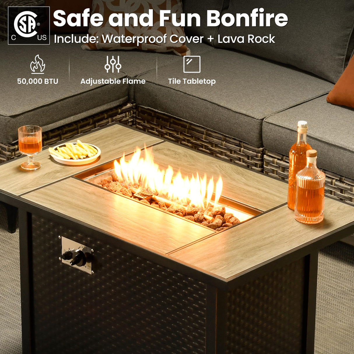 ovios 9 Pieces Patio Furniture Set Outdoor Sectional Sofa Couch with Fire Pit Table Rocking Swivel Chairs Deep Seat Chaise, Modern Modular Wicker Rattan Conversation Set, Dark Grey ovios