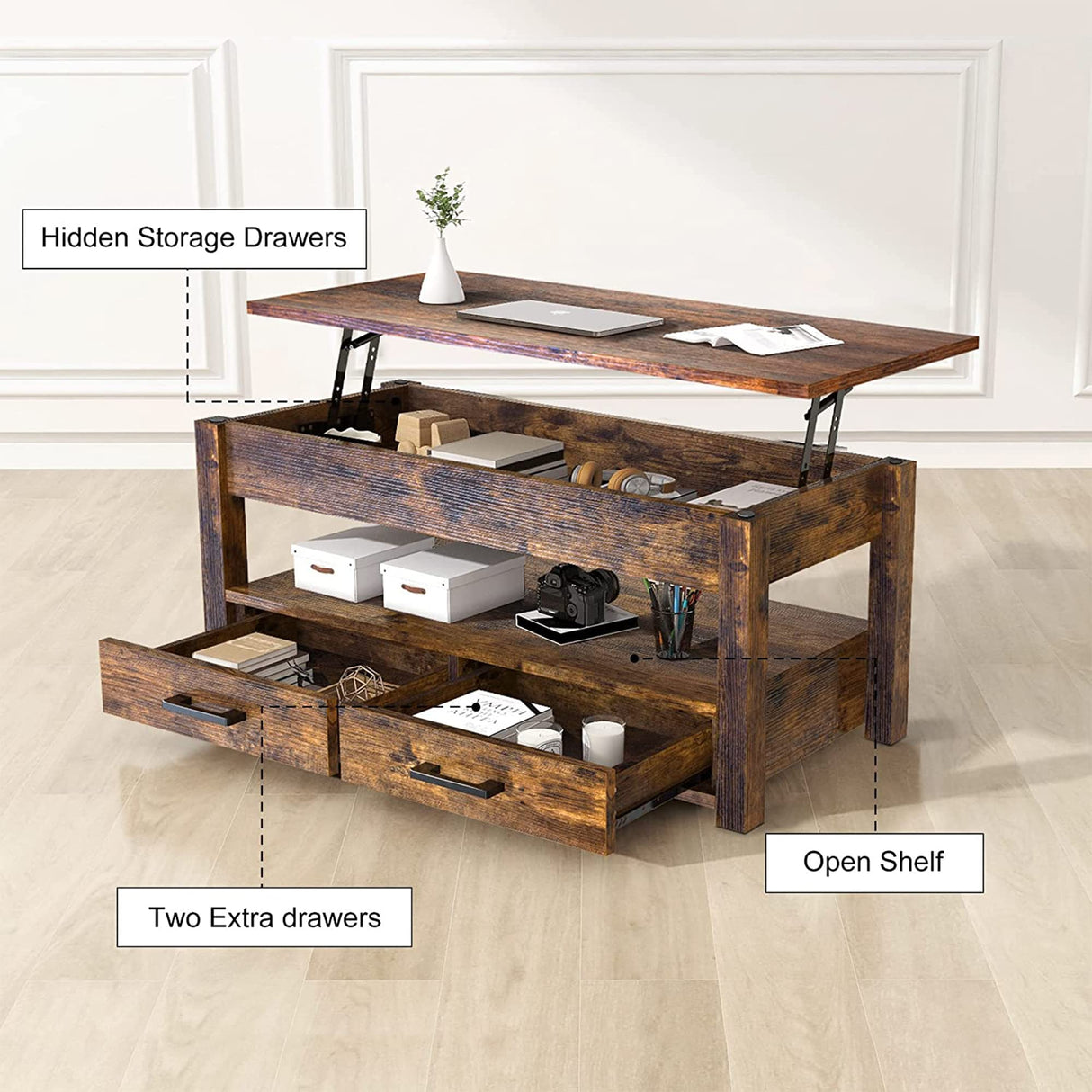 FABATO 41.7'' Lift Top Coffee Table with 2 Storage Drawer Hidden Compartment Open Storage Shelf for Living Room Dining Table Reception Room Rustic Brown FABATO