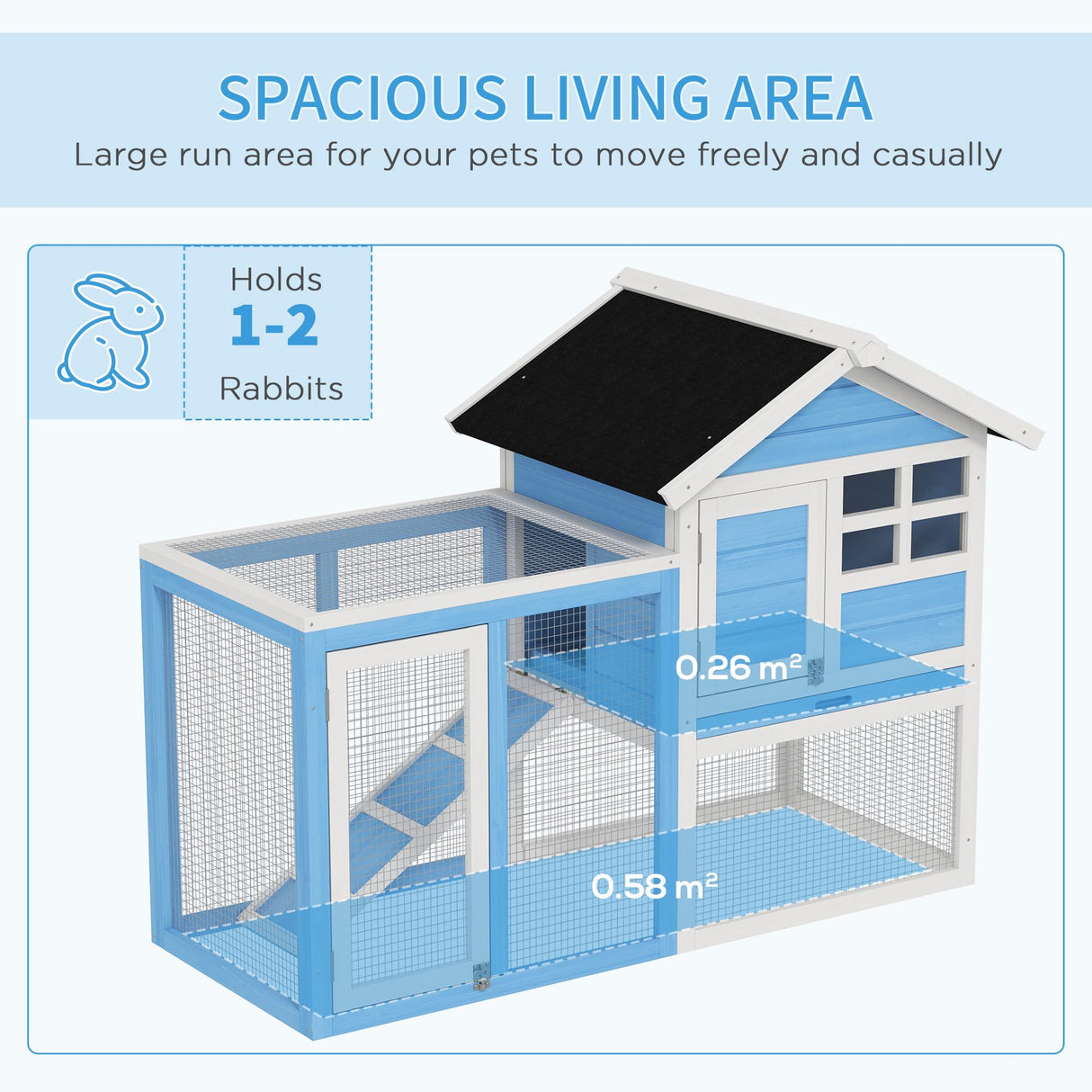 PawHut 48" Wooden Rabbit Hutch Bunny Cage with Waterproof Asphalt Roof, Fun Outdoor Run, Removable Tray and Ramp, Light Blue PawHut