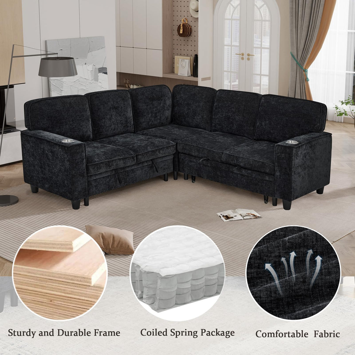 KEIKI 81" L-Shaped Oversized Chenille Modular Sectional Sleeper Sofa with Pull-Out Bed, Storage Seat, Modern 5-Seater Upholstered Couch Bed with Charging Station, Easy Assembly, for Living Room, Black KEIKI