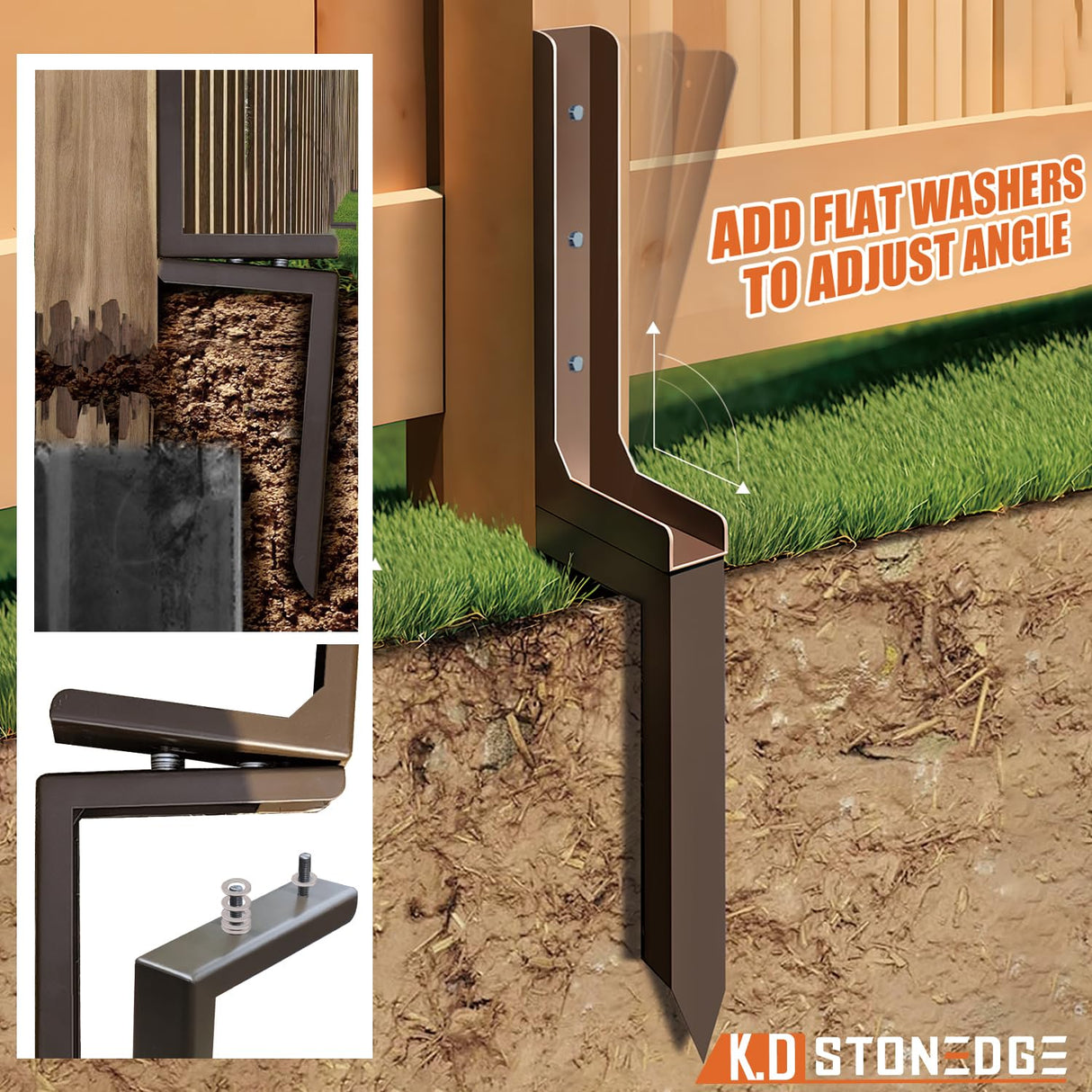 K.D STONEDGE Fence Post Anchor Repair Kit Wooden Rotten Broken Leaning Support Brackets Qucik Easy Fix Unique Adjustable Design, 2 Sets K.D STONEDGE