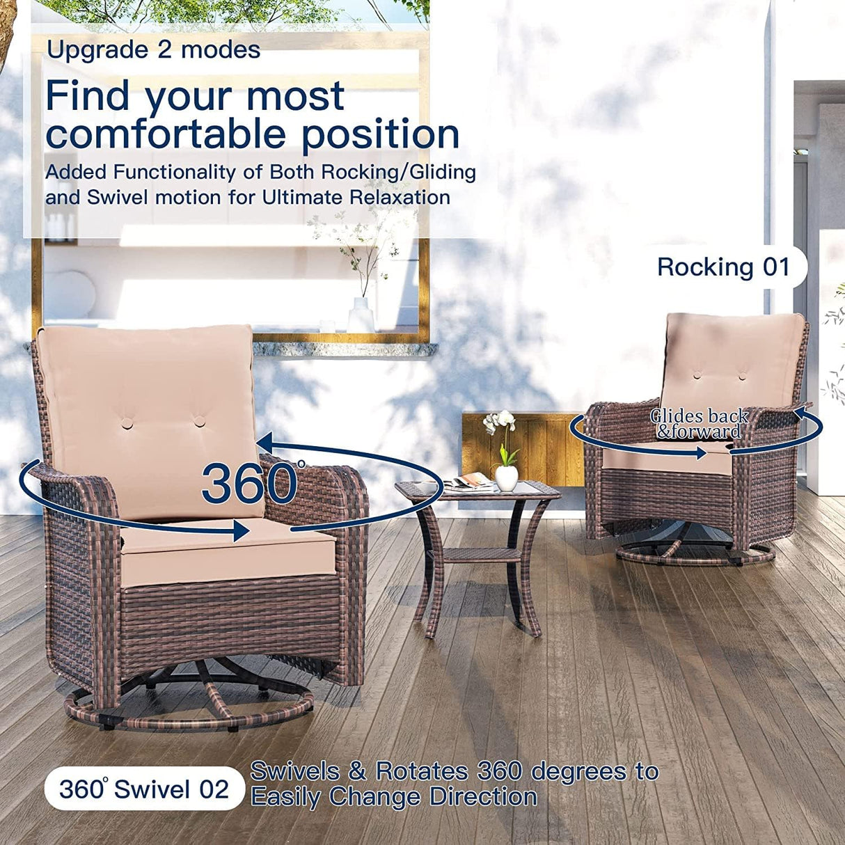 Kullavik 9 Pieces Outdoor Patio Furniture Set,PE Wicker Rattan Sectional Sofa Patio Conversation Sets with Tempered Glass Table,Swivel Rocking Chairs Set,Sand Kullavik