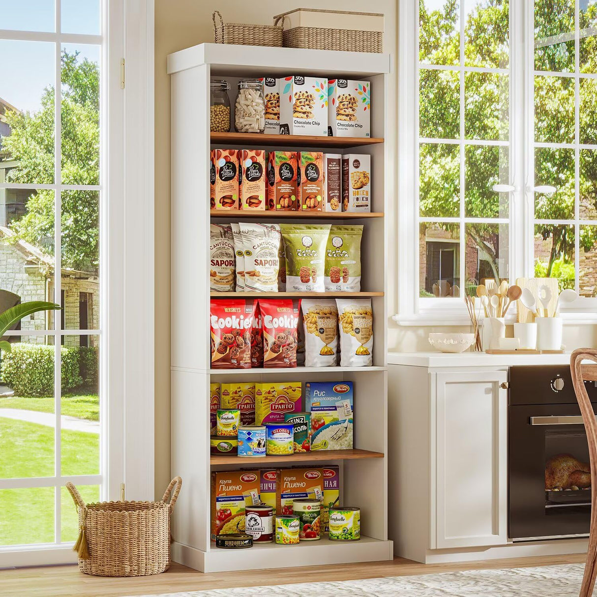 Vyre 70.8" Tall White Bookshelf, Farmhouse Modular Bookcase with 6-Tier Adjustable Shelves, Large Storage Cabinet for Home Office, Living Room, Set of 4 Vyre