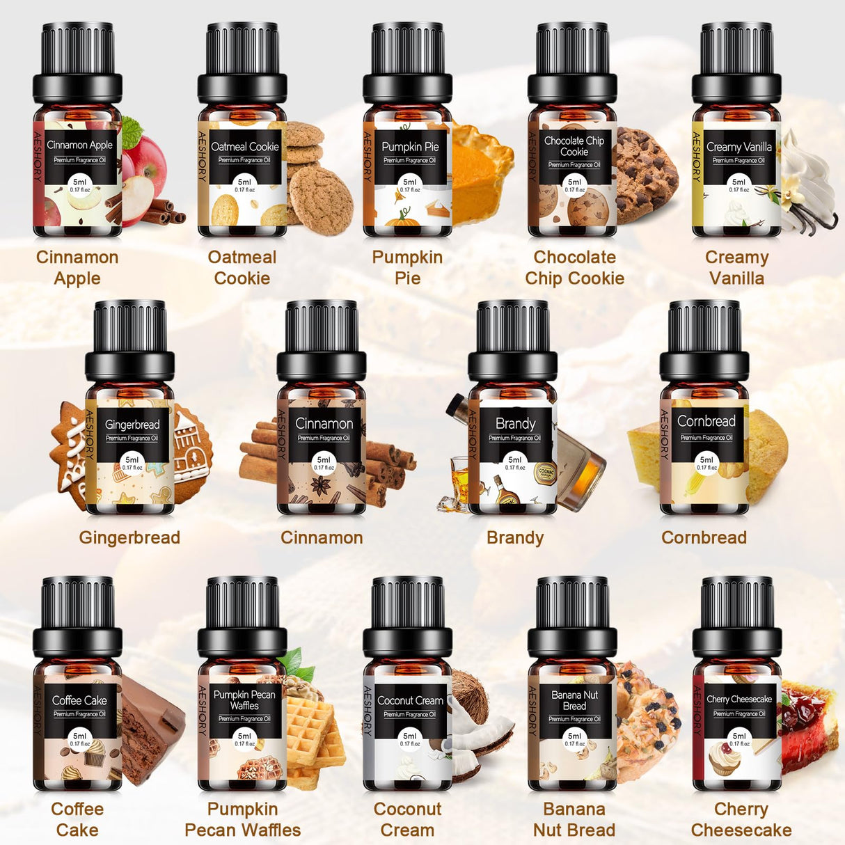 Bakery Essential Oils Set - Fragrance Oil for Diffusers, Candle Making - Pumpkin Pie, Coffee Cake, Oatmeal Cookie, Gingerbread, Cinnamon Apple Aromatherapy Scented Oils (5ml) Aeshory
