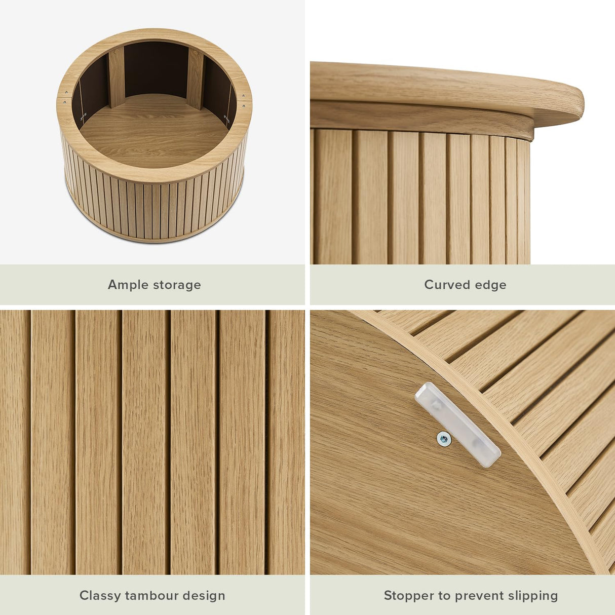 mopio Quin Tambour Round Circle Coffee Table with Storage, Drum Accent, Mid Century Modern, Wood, Fluted Center, Tea Table with Removable Lid, Living Room (Light Oak) mopio