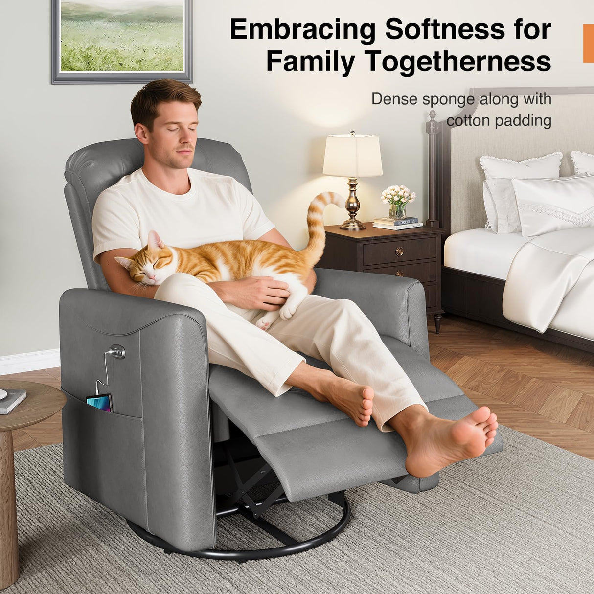 Welzona Power Swivel Rocker Recliner, 360° Swivel Nursery Rocking Chair, PU Leather Glider Rocking Recliner, Infinite Position Electric Chair for Adults with USB Port for Living Room, Dark Gray Welzona