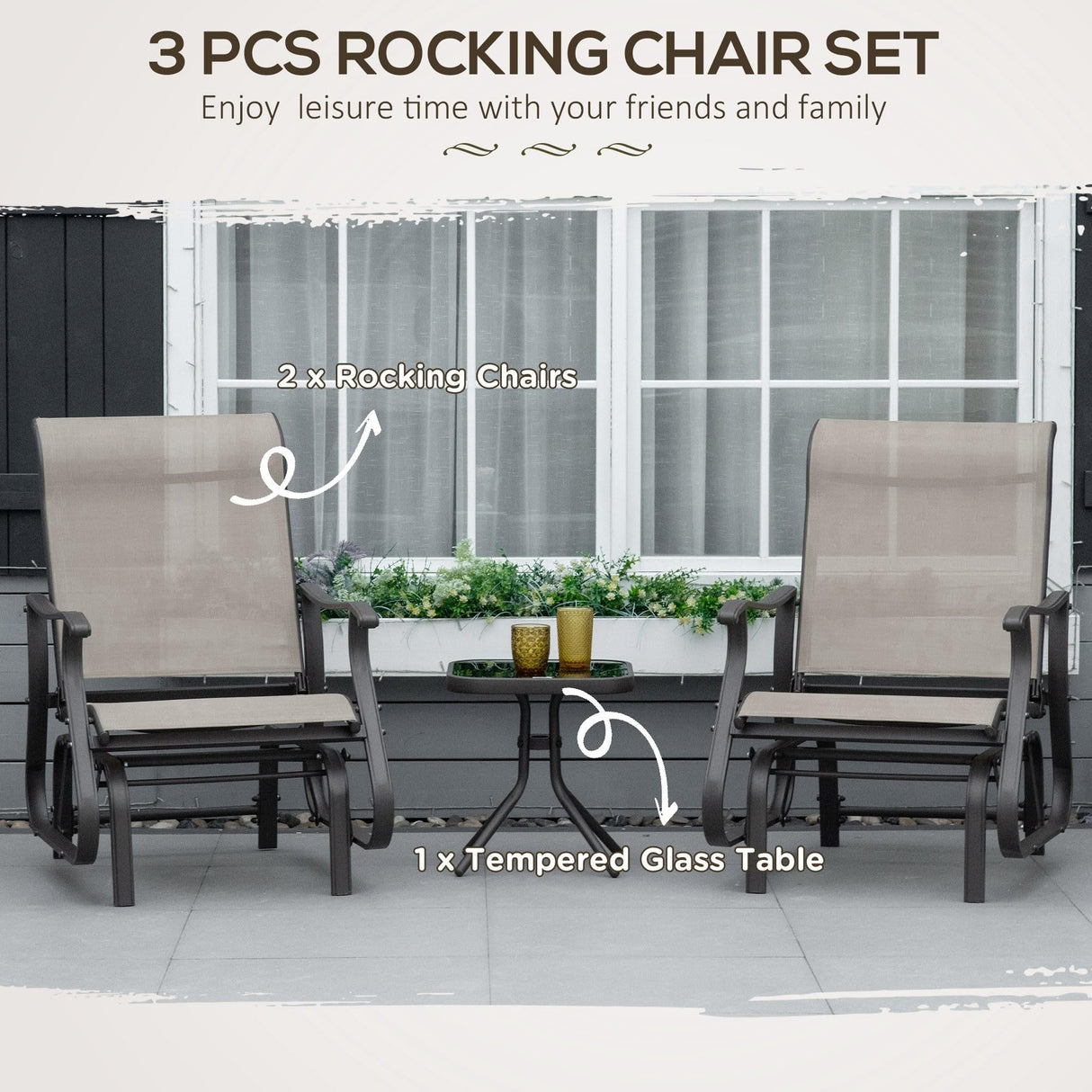 Outsunny 3-Piece Outdoor Gliders Set Bistro Set with Steel Frame, Tempered Glass Top Table for Patio, Garden, Backyard, Lawn, Gray Outsunny