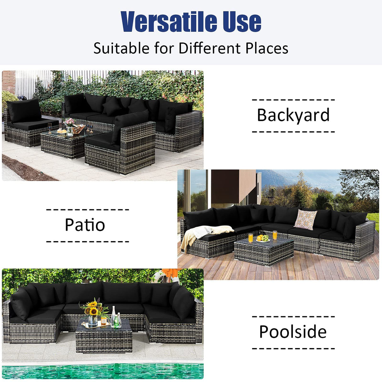 Tangkula 7 Pieces Patio Rattan Furniture Set, Patiojoy Outdoor Conversation Set with Cushions and Tempered Glass Coffee Table, All-Weather Sectional Sofa Set for Garden, Lawn, Backyard (Black) Tangkula