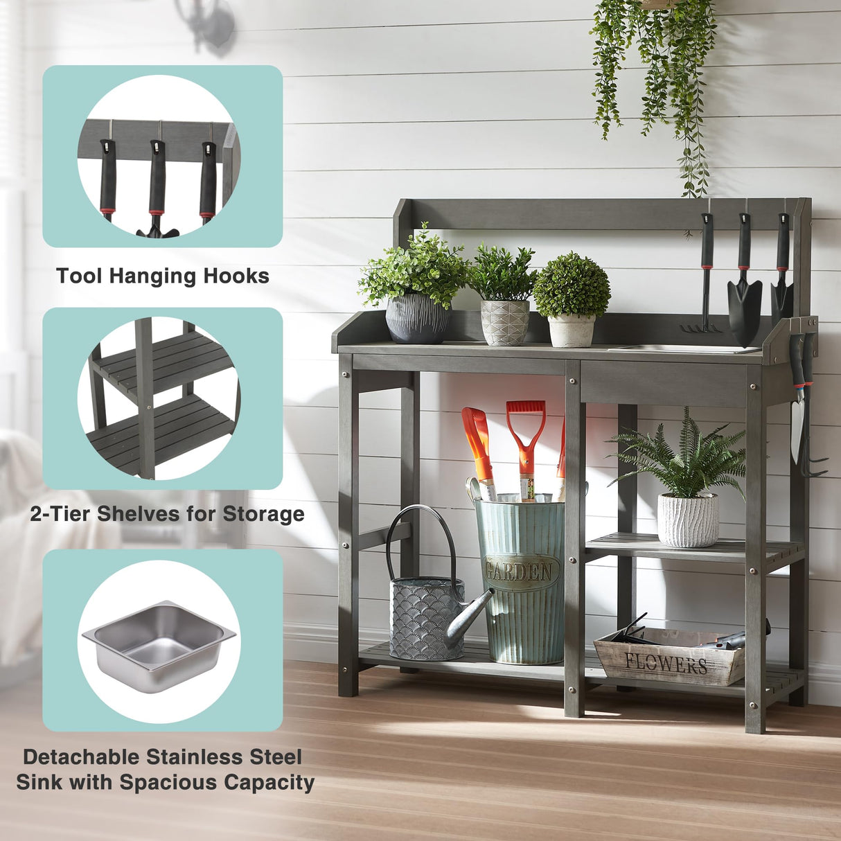 Psilvam Outdoor Potting Bench with Sink for All-Weather Gardens, HDPE Potting Benches for Outside, Planting Table for Garden, Patio and Lawn (Grey) Psilvam