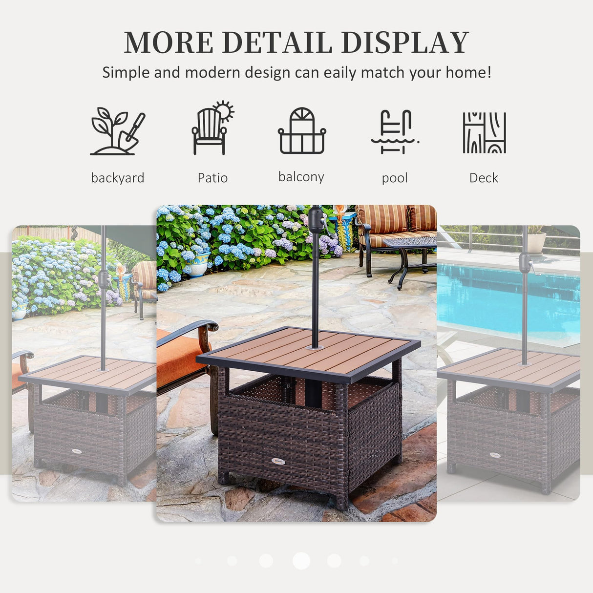 Outsunny 22'' Rattan Wicker Side Table with Steel Frame, Umbrella Insert Hole, Sand Bag for Outdoor, Patio, Garden, Backyard, Brown Outsunny
