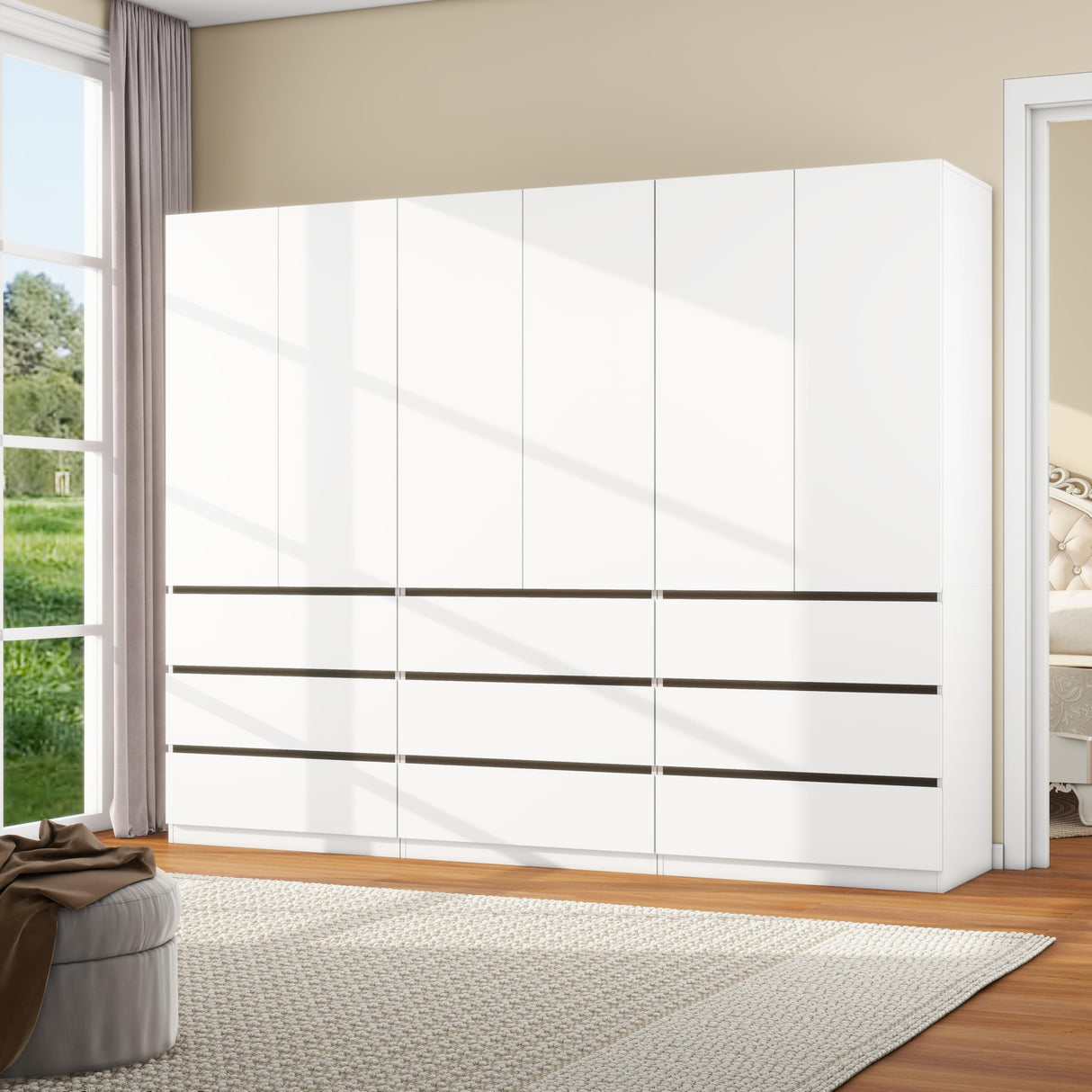 LABROSKIA Bedroom Armoire Wardrobe Closet with 9 Drawers: White Wardrobe Closet with 6 Doors, Modern Cabinet for Clothes with Shelves, Wooden Armoire for Hanging Clothes (Modern, 3) LABROSKIA