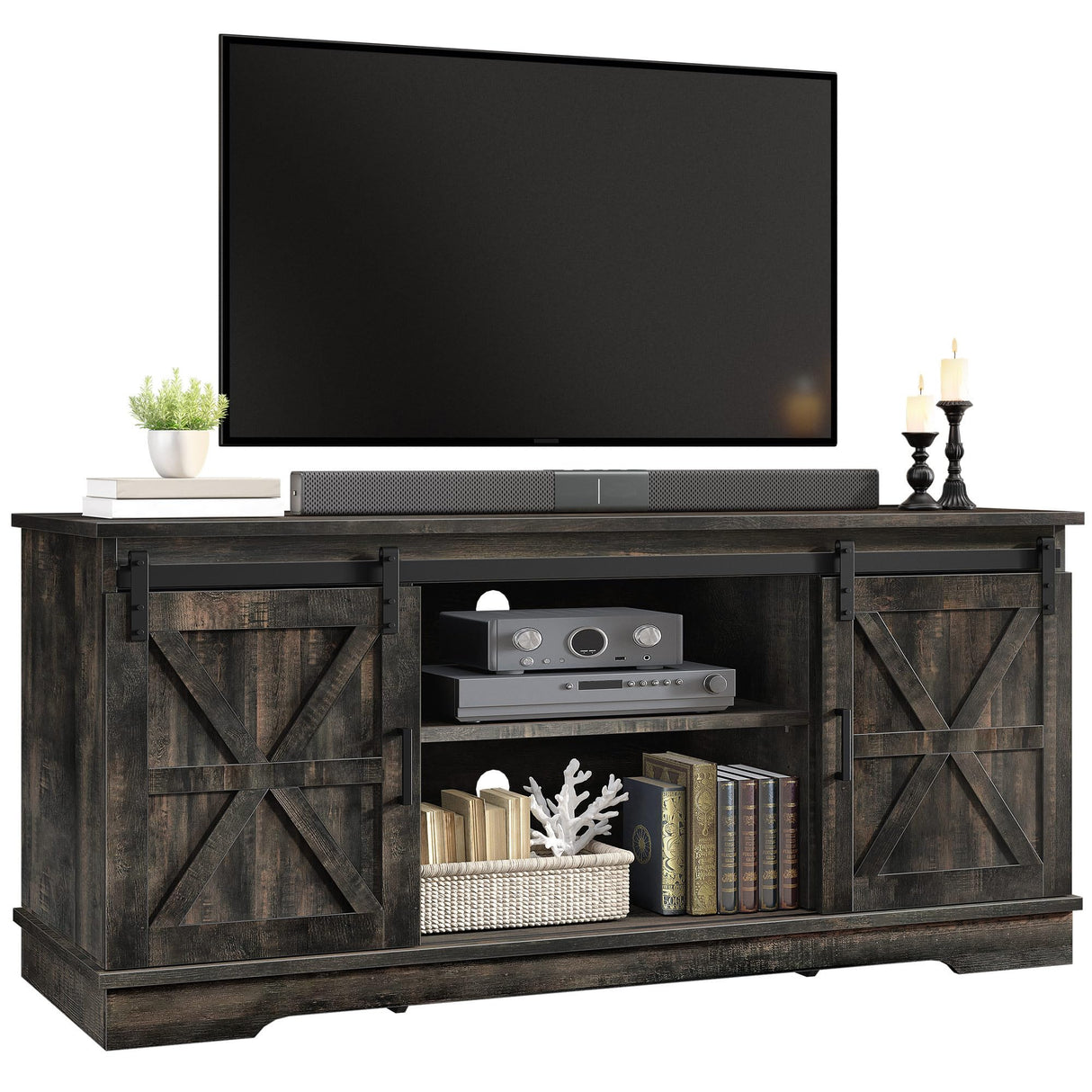 YITAHOME Farmhouse TV Stand for 65 Inch Television Stand, Entertainment Center with Storage Cabinets and Sliding Barn Doors, Rustic Media TV Console Table for Living Room, Dark Rustic Oak YITAHOME